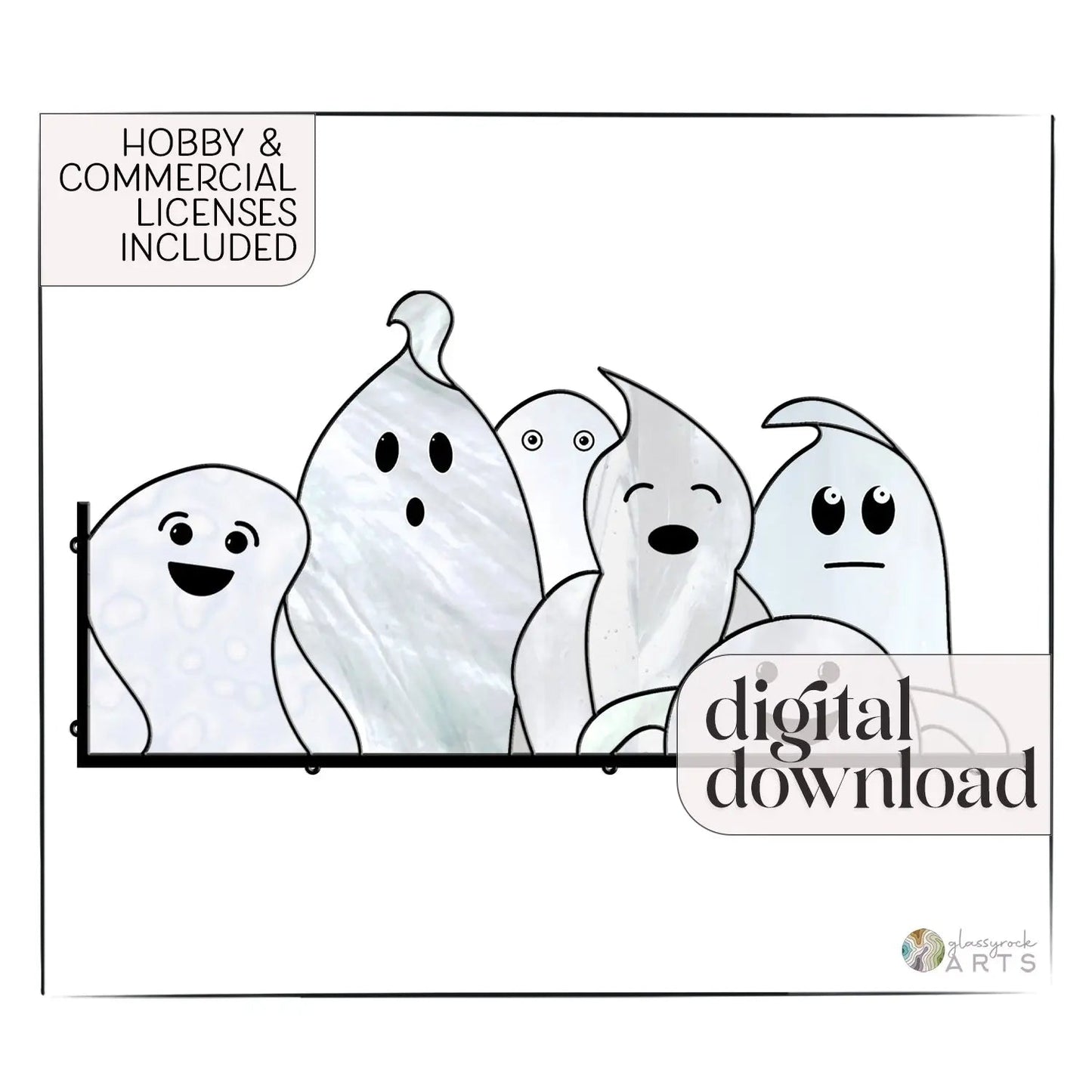 Illustration of five cute, cartoonish ghost figures in various shapes, smiling and surprised. Text: Hobby & Commercial Licenses Included and Ghost Buddies Halloween Stained Glass Pattern. White background with black outline around the ghosts.
