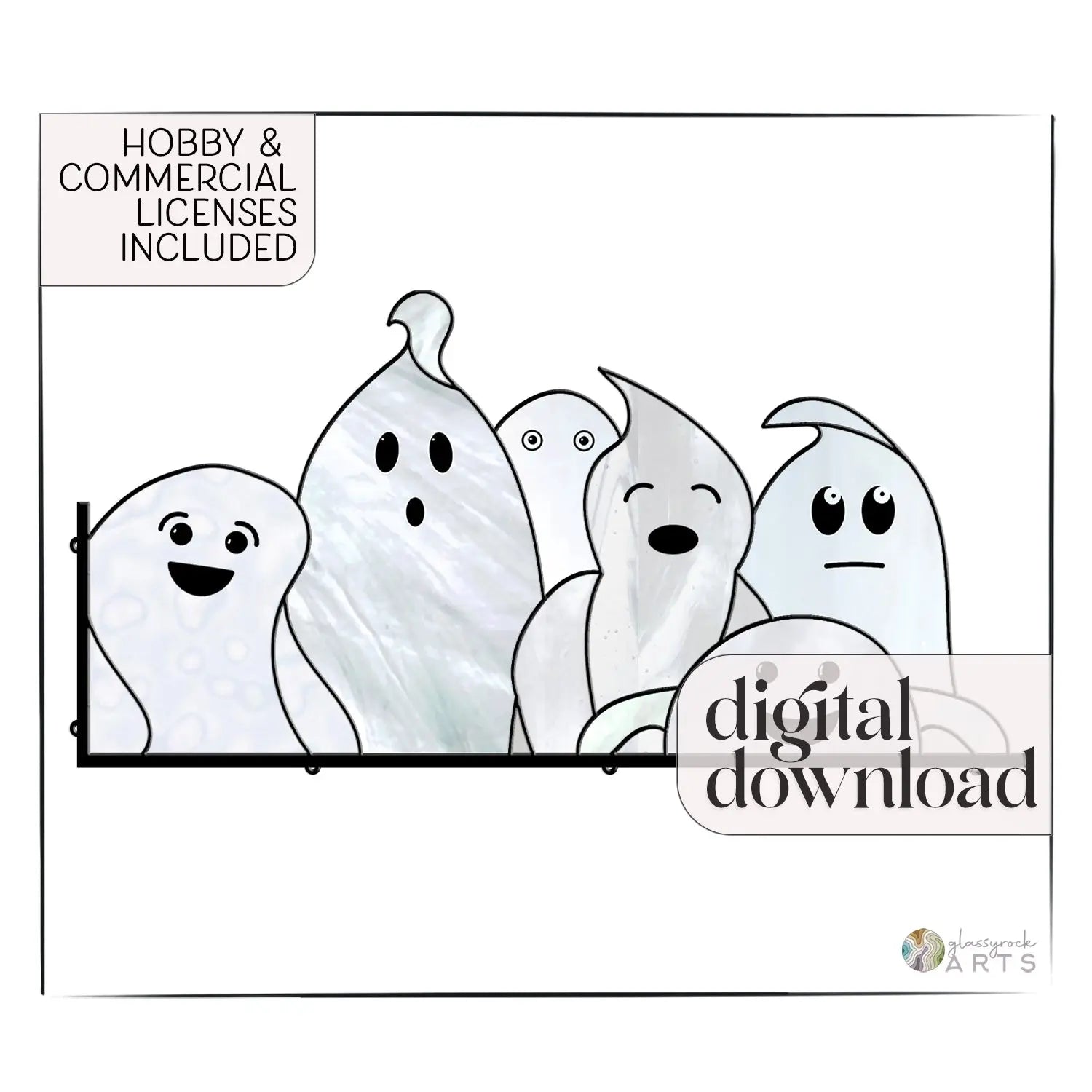 Illustration of five cute, cartoonish ghost figures in various shapes, smiling and surprised. Text: Hobby & Commercial Licenses Included and Ghost Buddies Halloween Stained Glass Pattern. White background with black outline around the ghosts.