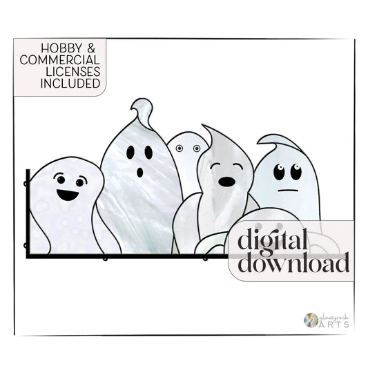 Illustration of five cute, cartoonish ghost figures in various shapes, smiling and surprised. Text: Hobby & Commercial Licenses Included and Ghost Buddies Halloween Stained Glass Pattern. White background with black outline around the ghosts.