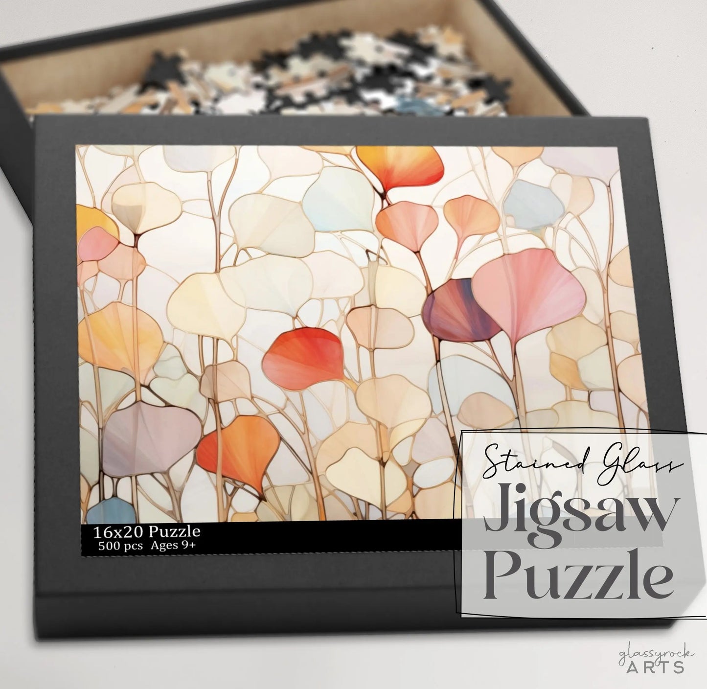 A picture of the Stained Glass Ginkgo Leaves Jigsaw Puzzle from GlassyRock Arts.