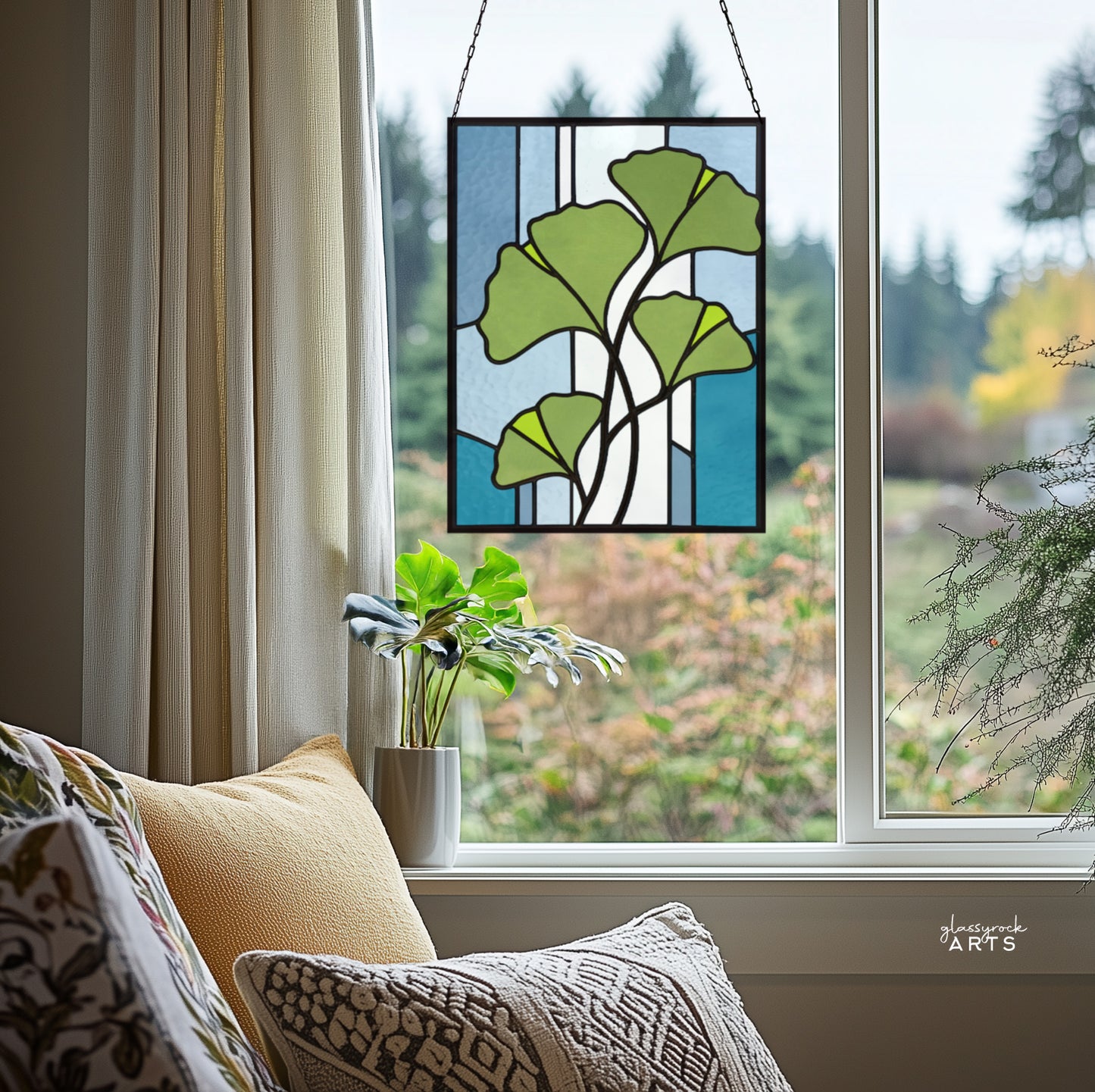 Ginkgo Leaves Prairie Stained Glass Pattern & PNG