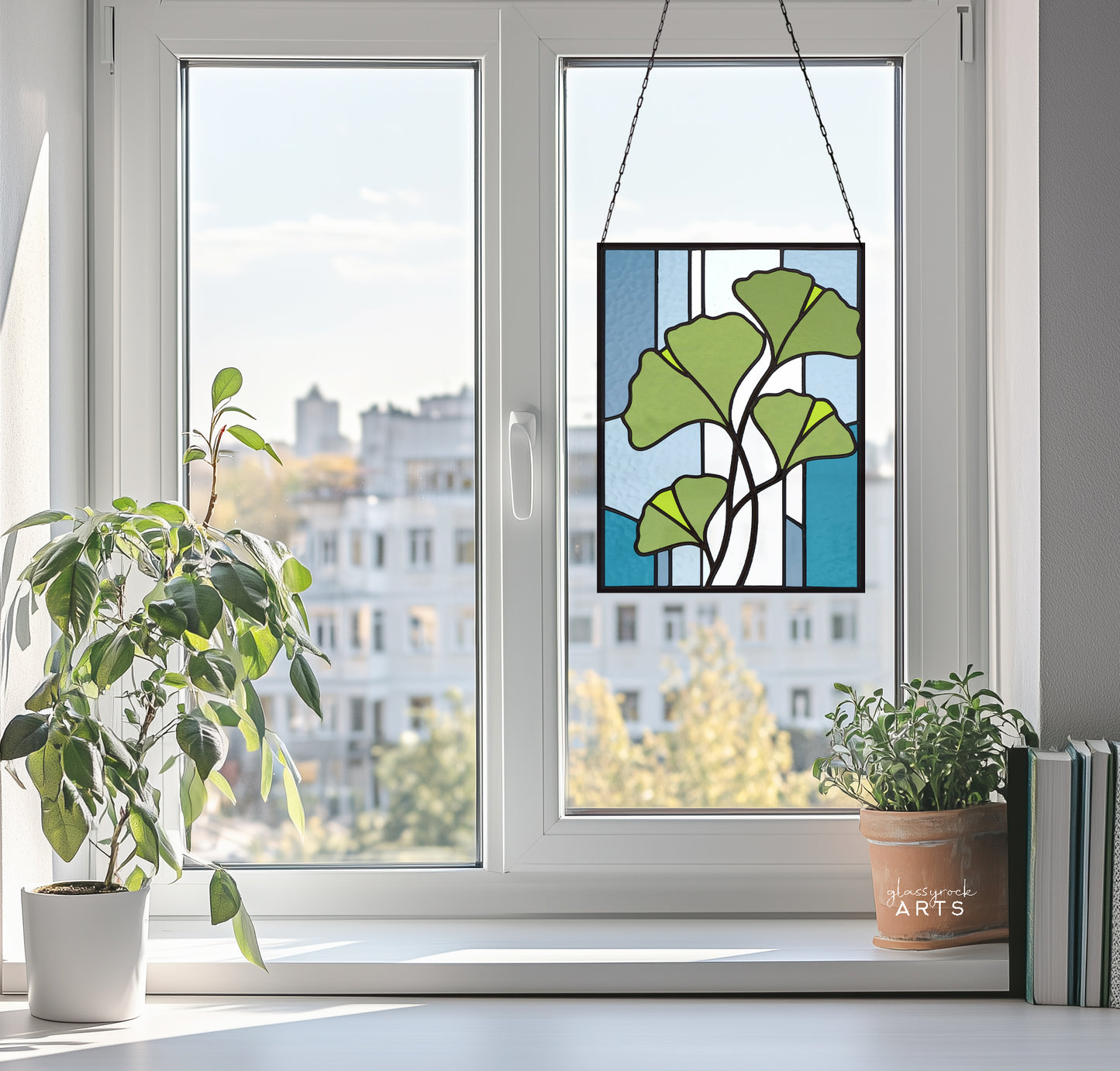 Ginkgo Leaves Prairie Stained Glass Pattern & PNG