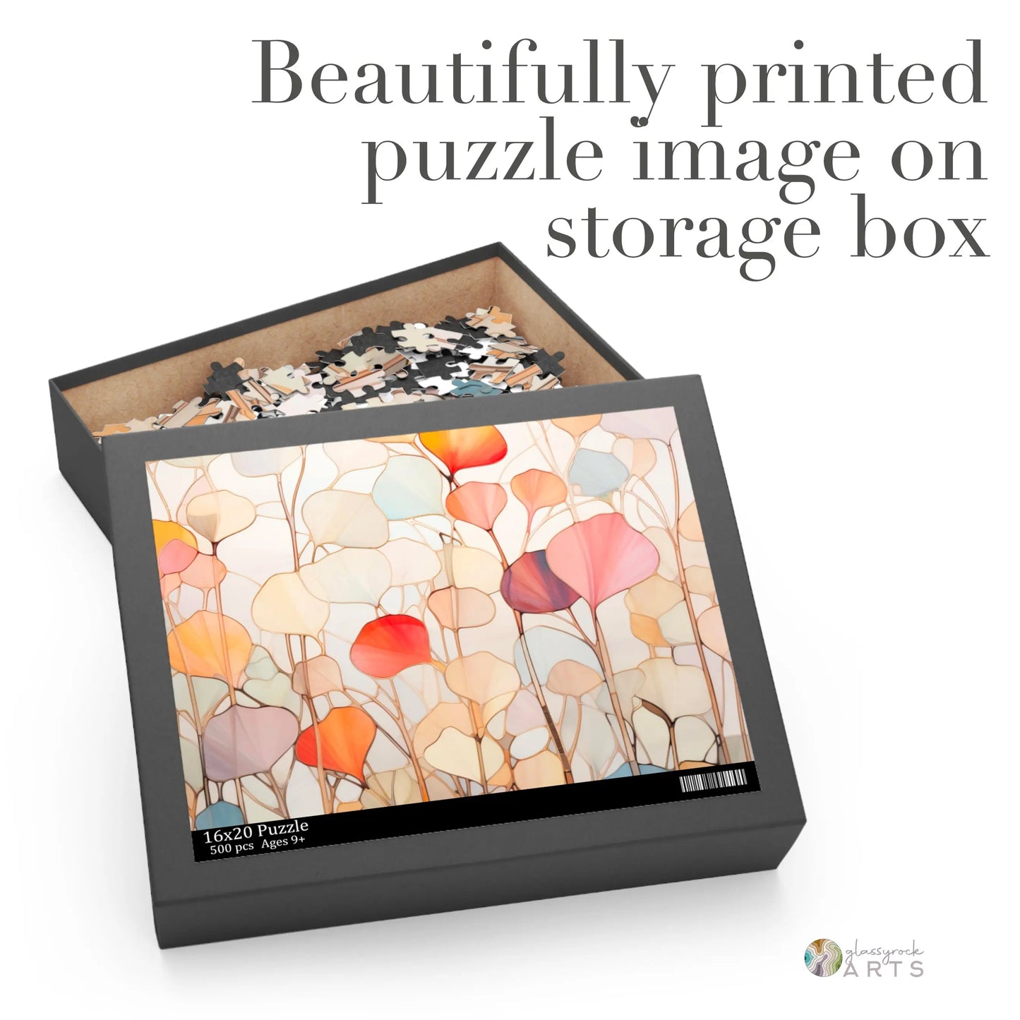 A picture of the Stained Glass Ginkgo Leaves Jigsaw Puzzle from GlassyRock Arts.