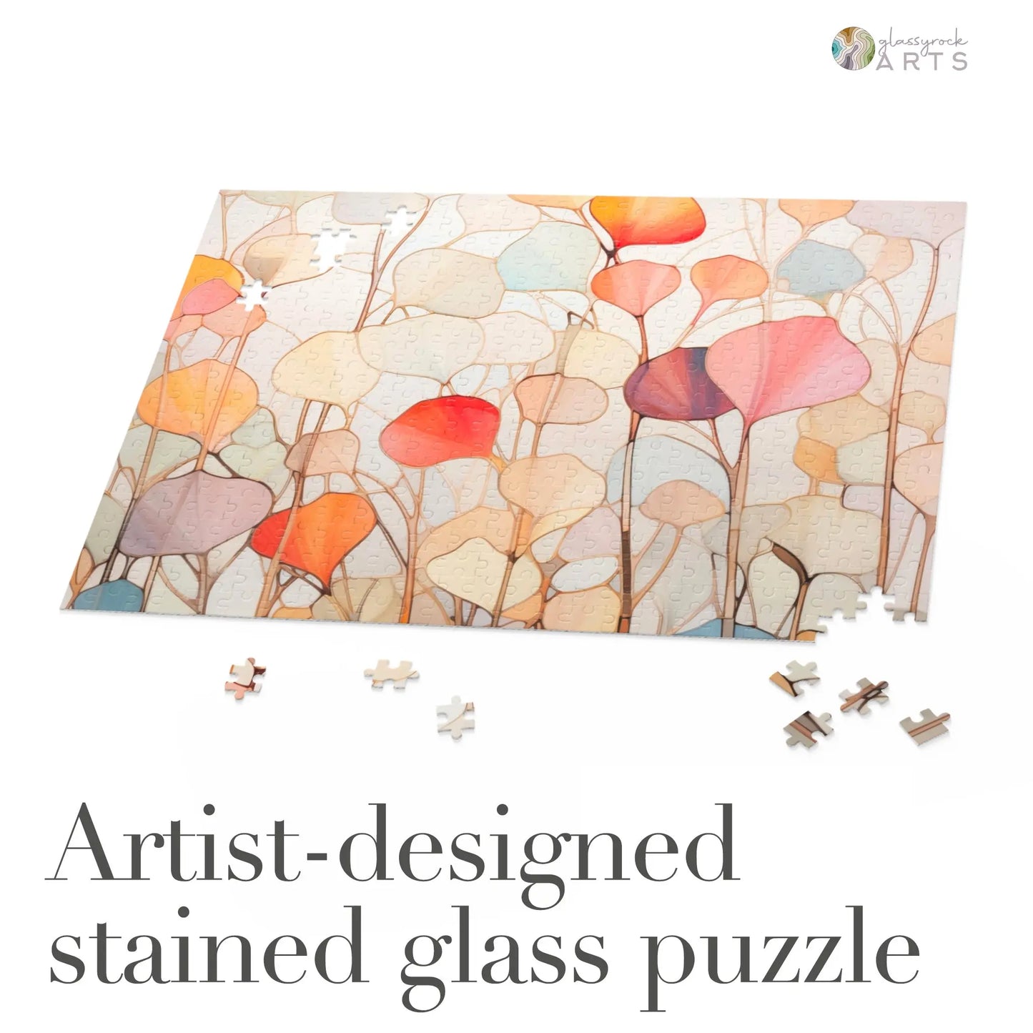 A picture of the Stained Glass Ginkgo Leaves Jigsaw Puzzle from GlassyRock Arts.