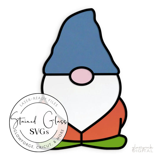 This cute garden gnome SVG features a blue hat, pink nose, and orange outfit on a green base in a simple flat style. The circular Stained Glass SVGs logo partially overlaps, making it ideal for gnome SVGs or laser cut files.