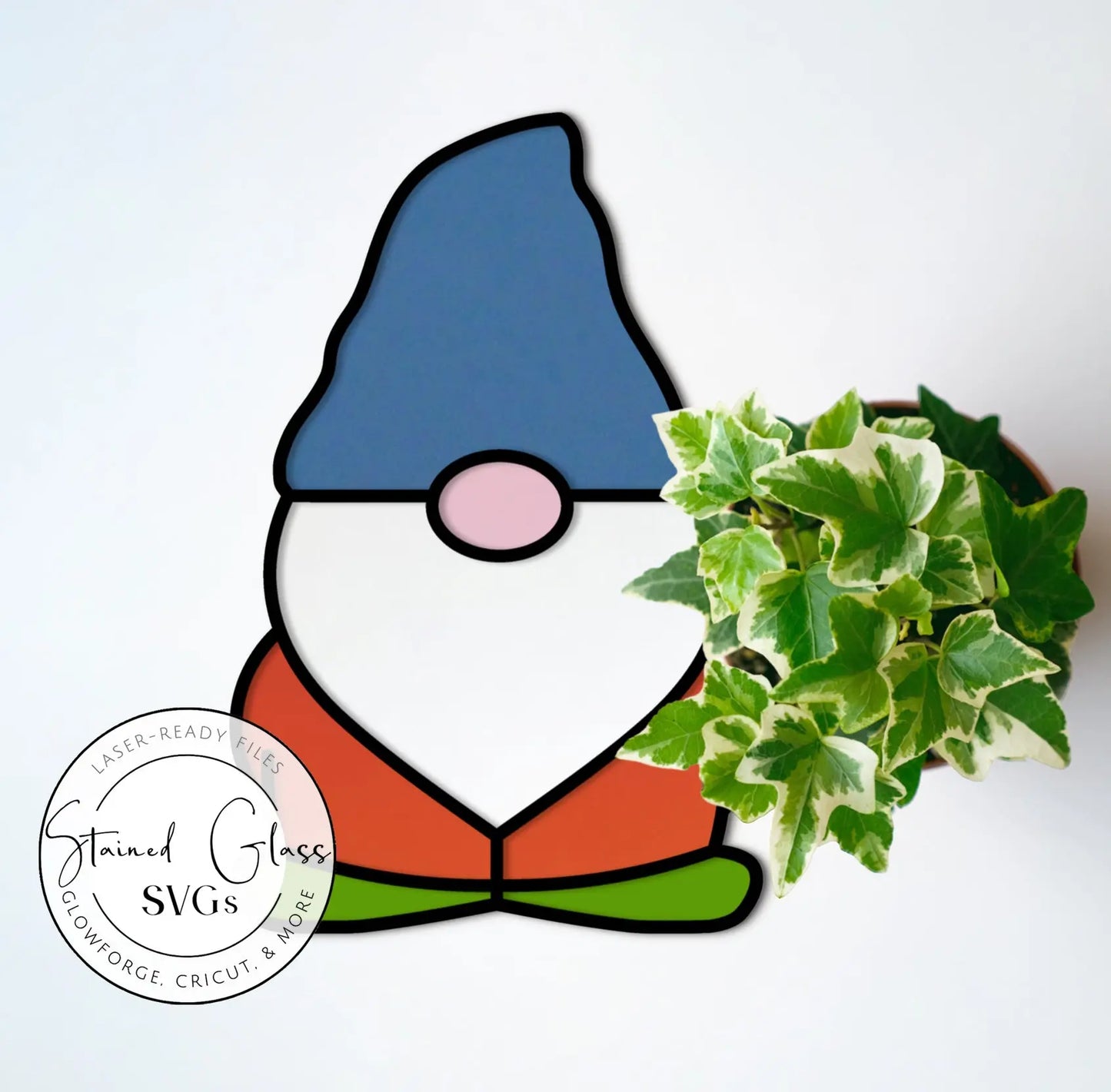 A gnome illustration with a blue hat, pink nose, orange and black outfit next to a variegated green plant. Circular logo: Stained Glass Gnome SVGs, Laser-Ready Files for Glowforge & Cricut.