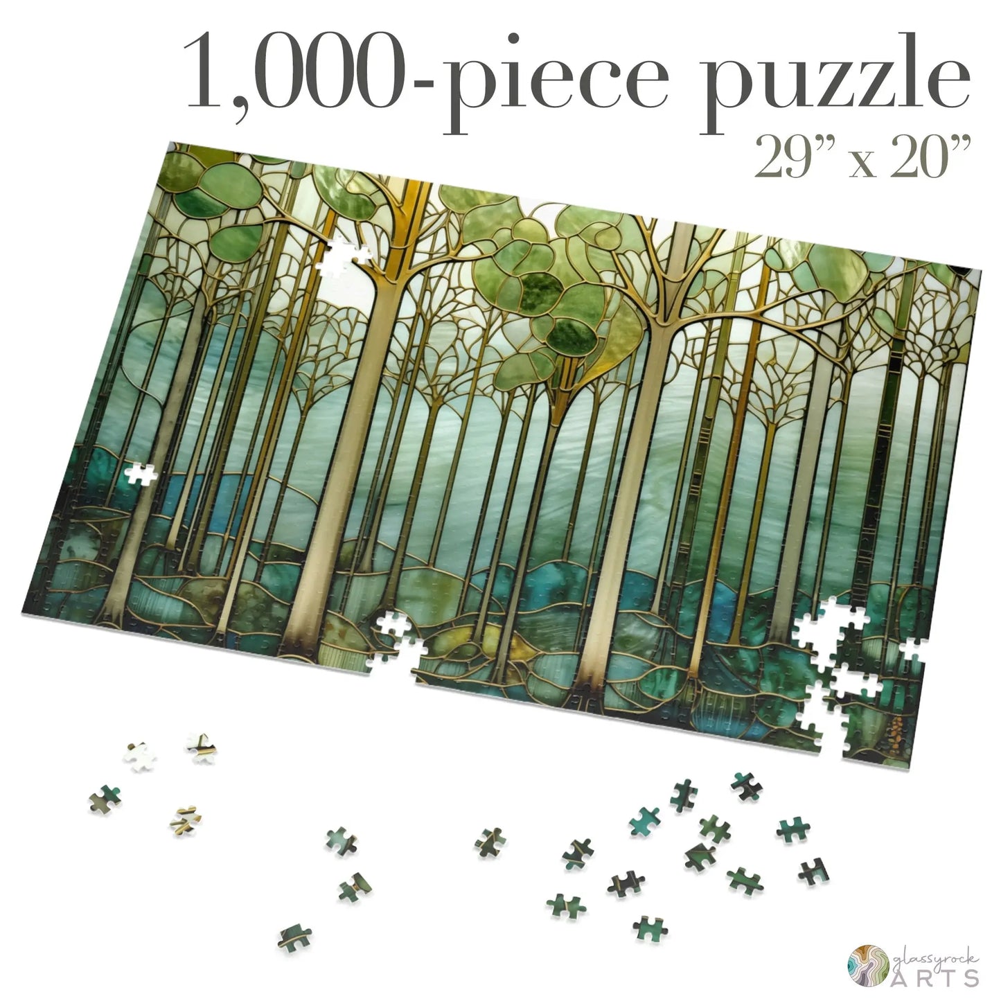 A picture of the Stained Glass Forest Jigsaw Puzzle, Green and Blue from GlassyRock Arts.