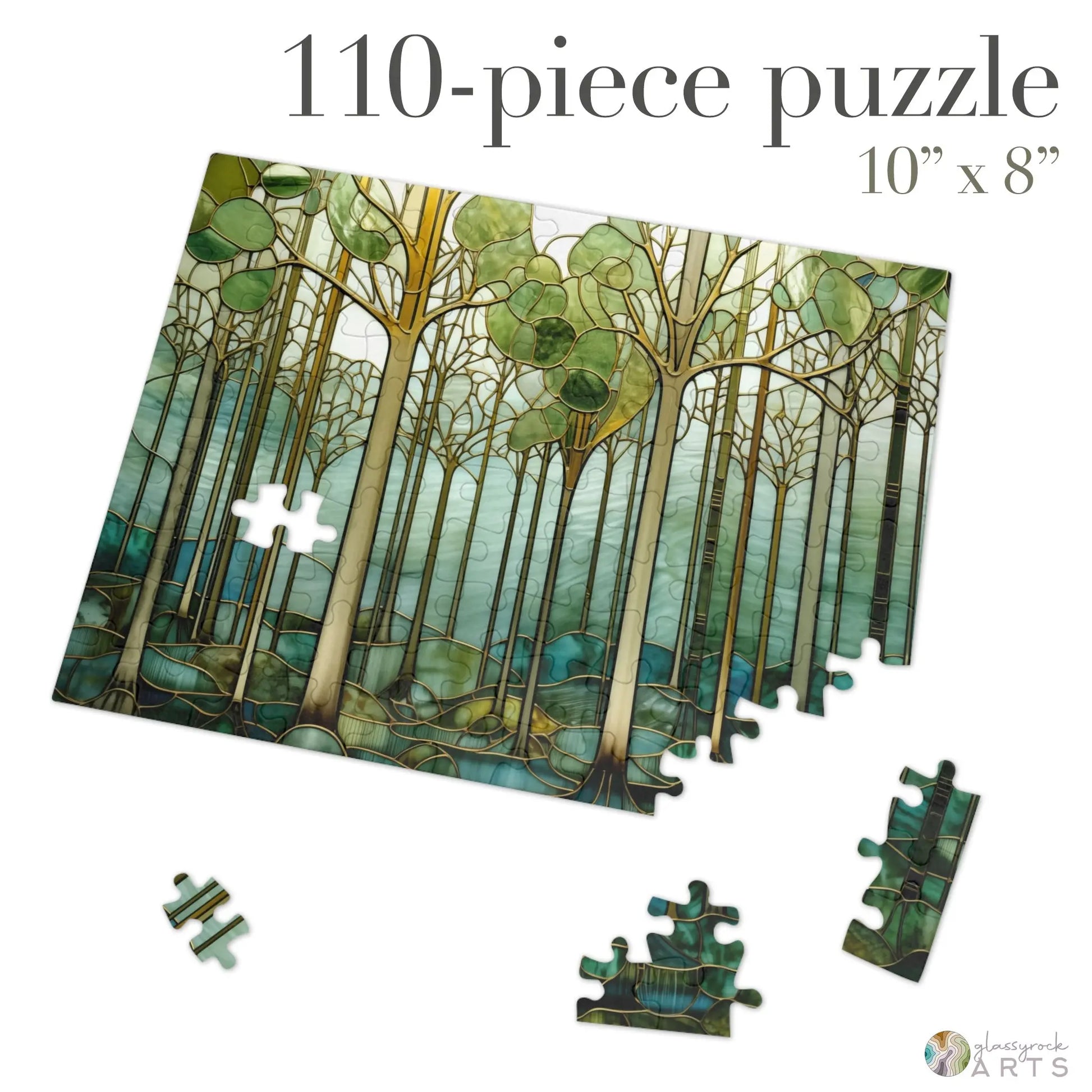 A picture of the Stained Glass Forest Jigsaw Puzzle, Green and Blue from GlassyRock Arts.