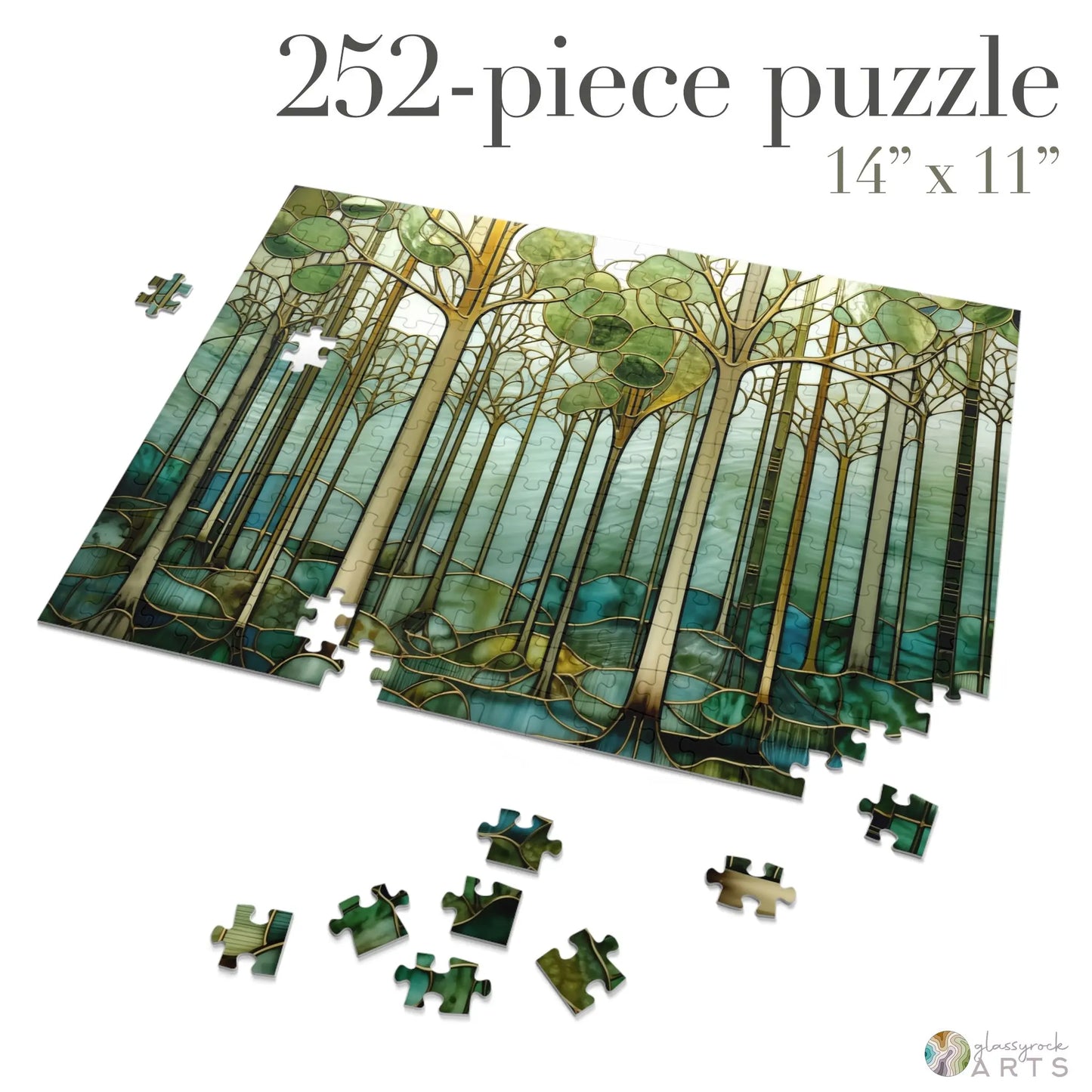 A picture of the Stained Glass Forest Jigsaw Puzzle, Green and Blue from GlassyRock Arts.