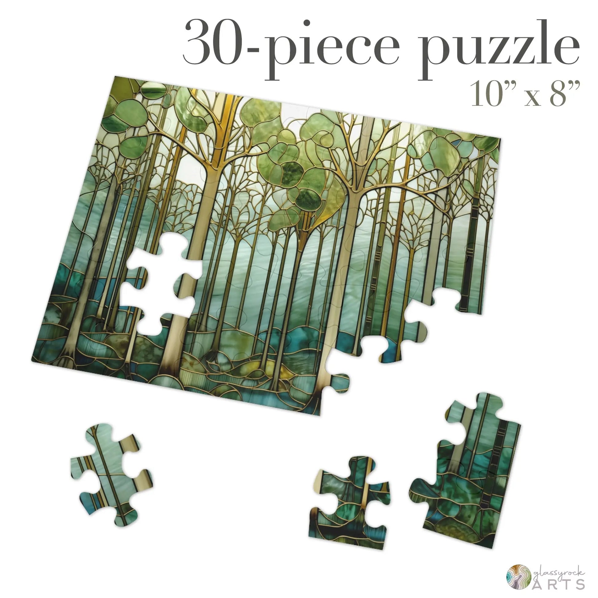 A picture of the Stained Glass Forest Jigsaw Puzzle, Green and Blue from GlassyRock Arts.