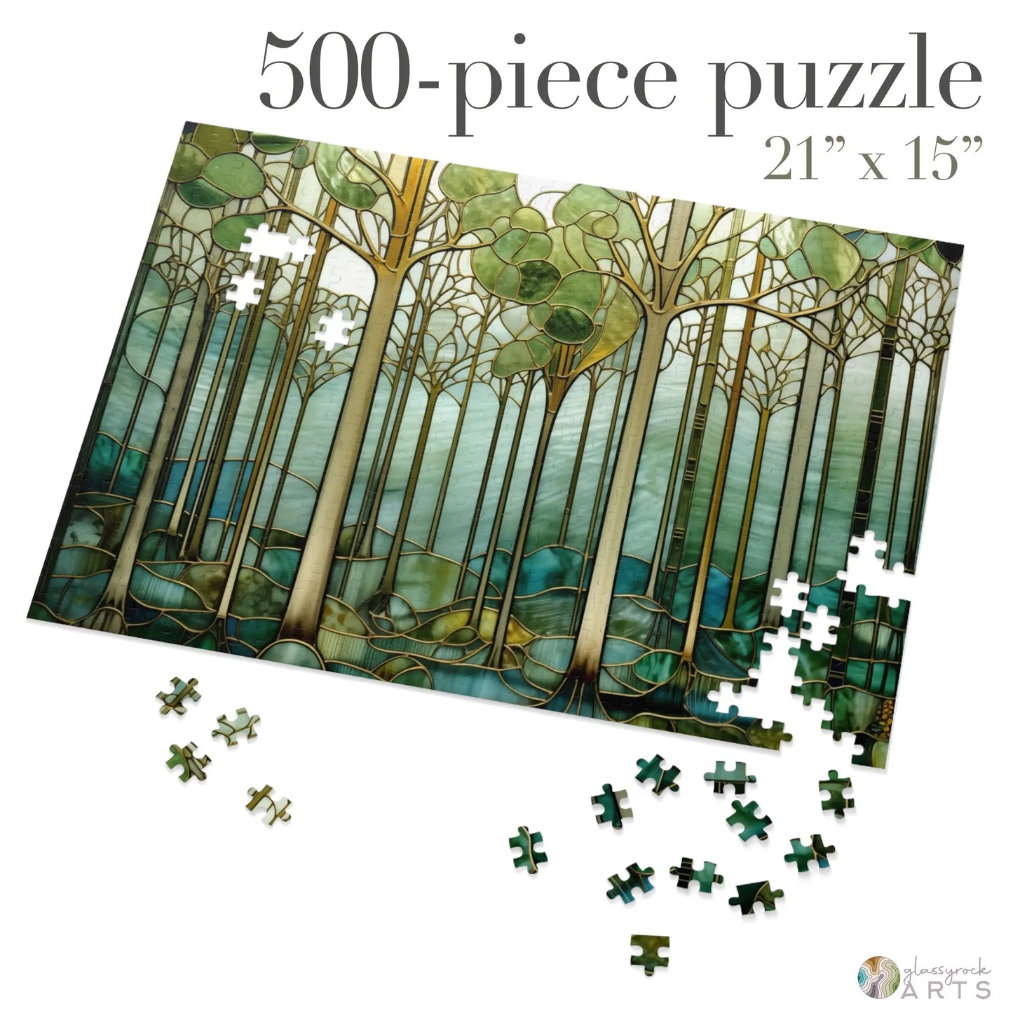 A picture of the Stained Glass Forest Jigsaw Puzzle, Green and Blue from GlassyRock Arts.