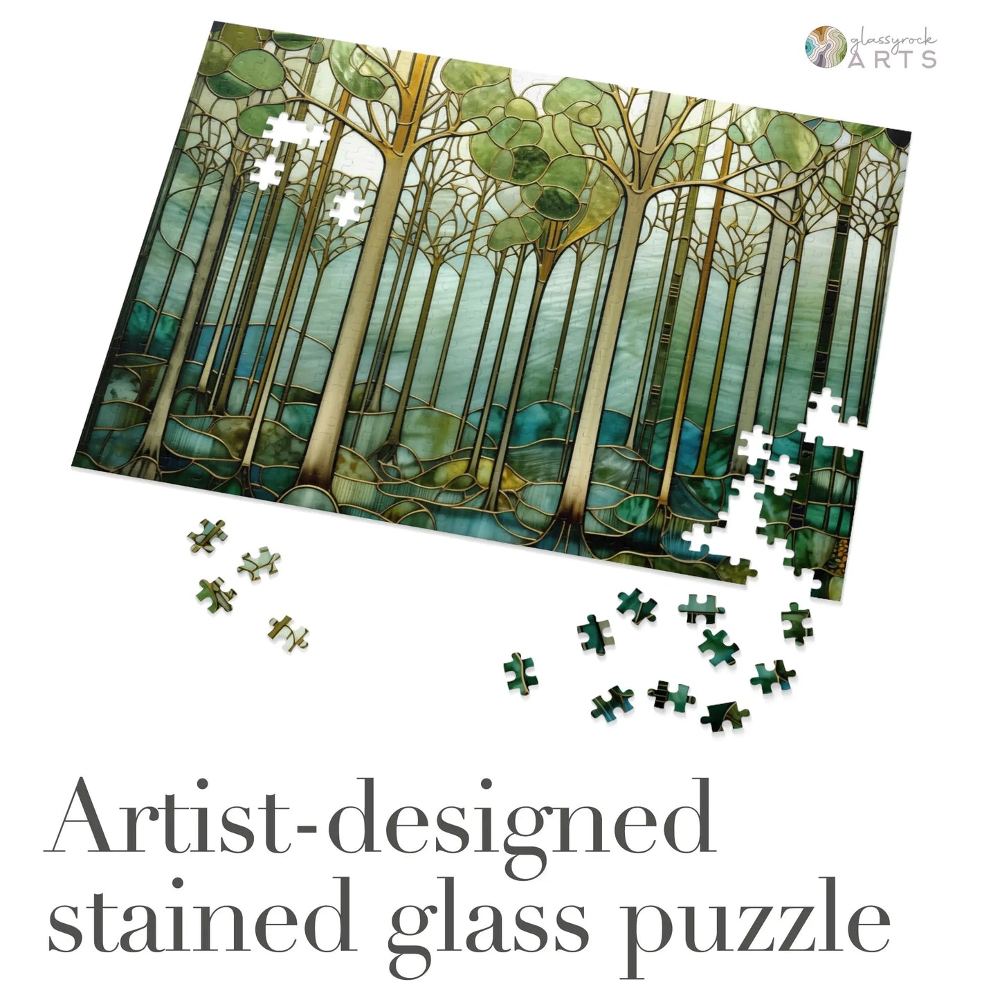 A picture of the Stained Glass Forest Jigsaw Puzzle, Green and Blue from GlassyRock Arts.