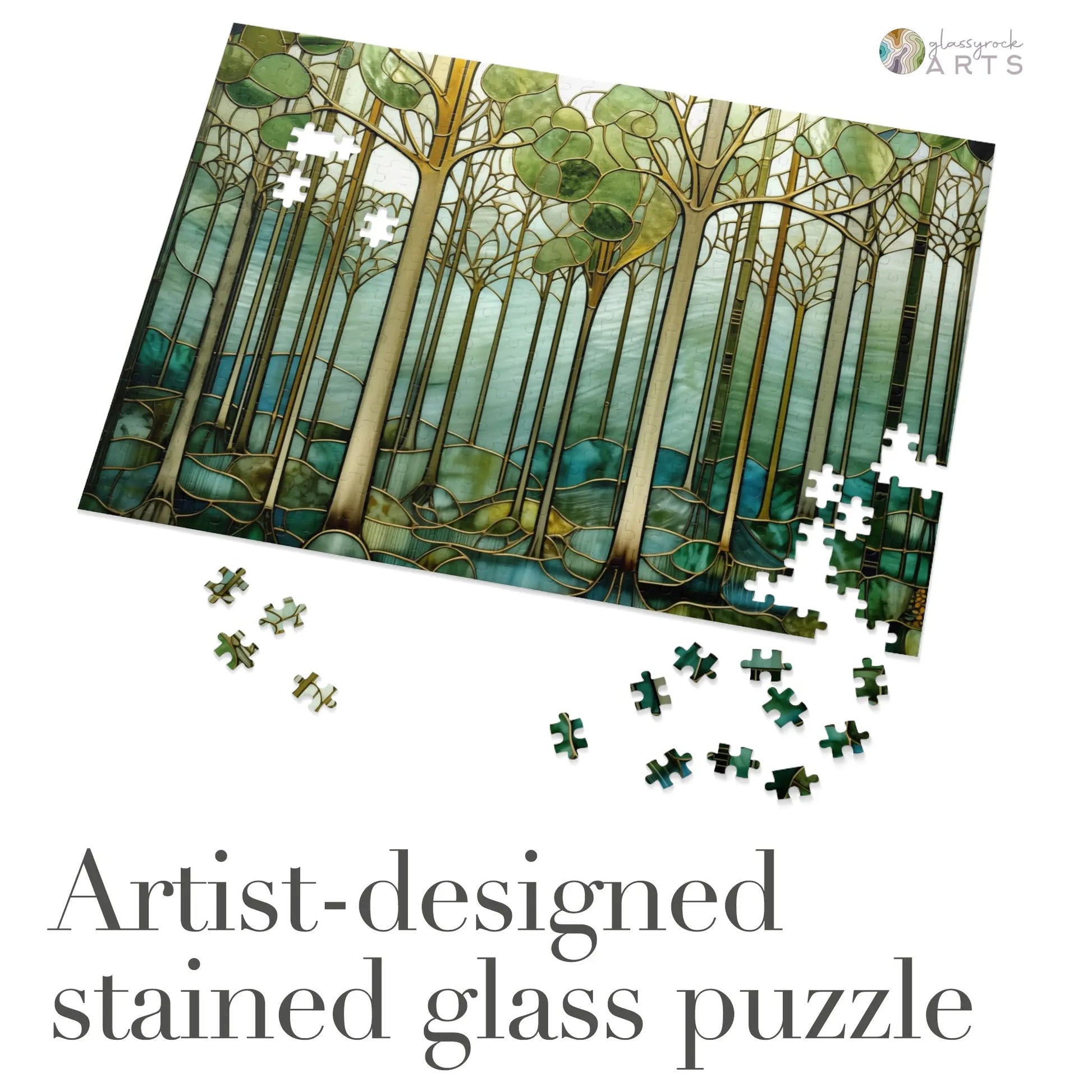 A picture of the Stained Glass Forest Jigsaw Puzzle, Green and Blue from GlassyRock Arts.