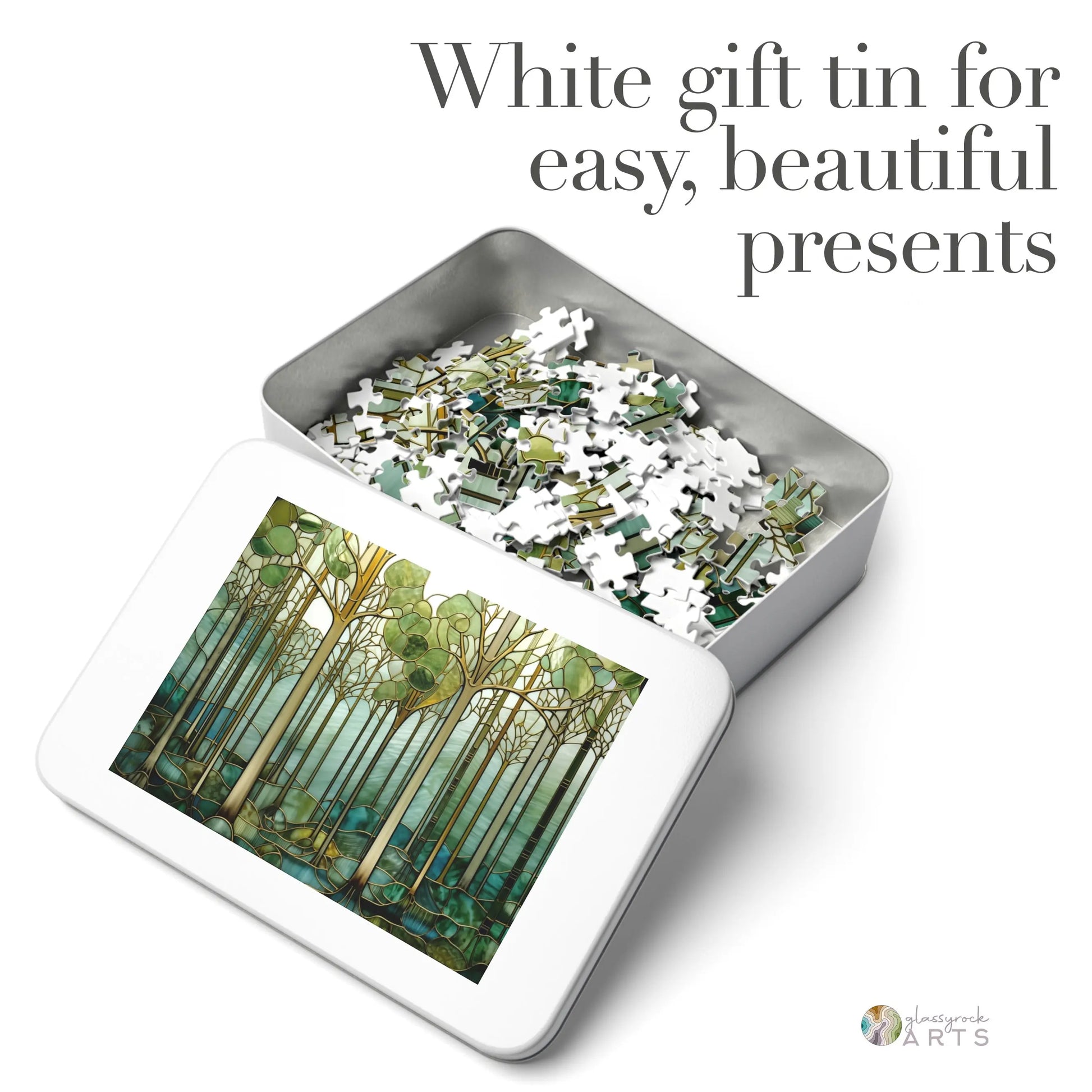 A picture of the Stained Glass Forest Jigsaw Puzzle, Green and Blue from GlassyRock Arts.