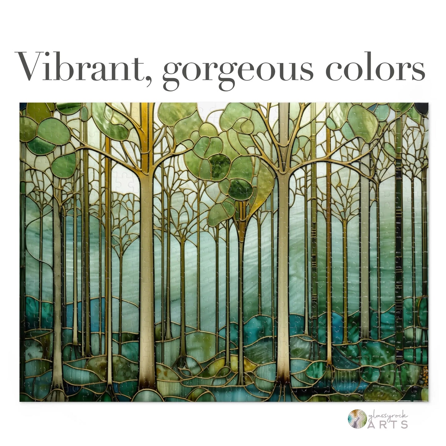 A picture of the Stained Glass Forest Jigsaw Puzzle, Green and Blue from GlassyRock Arts.