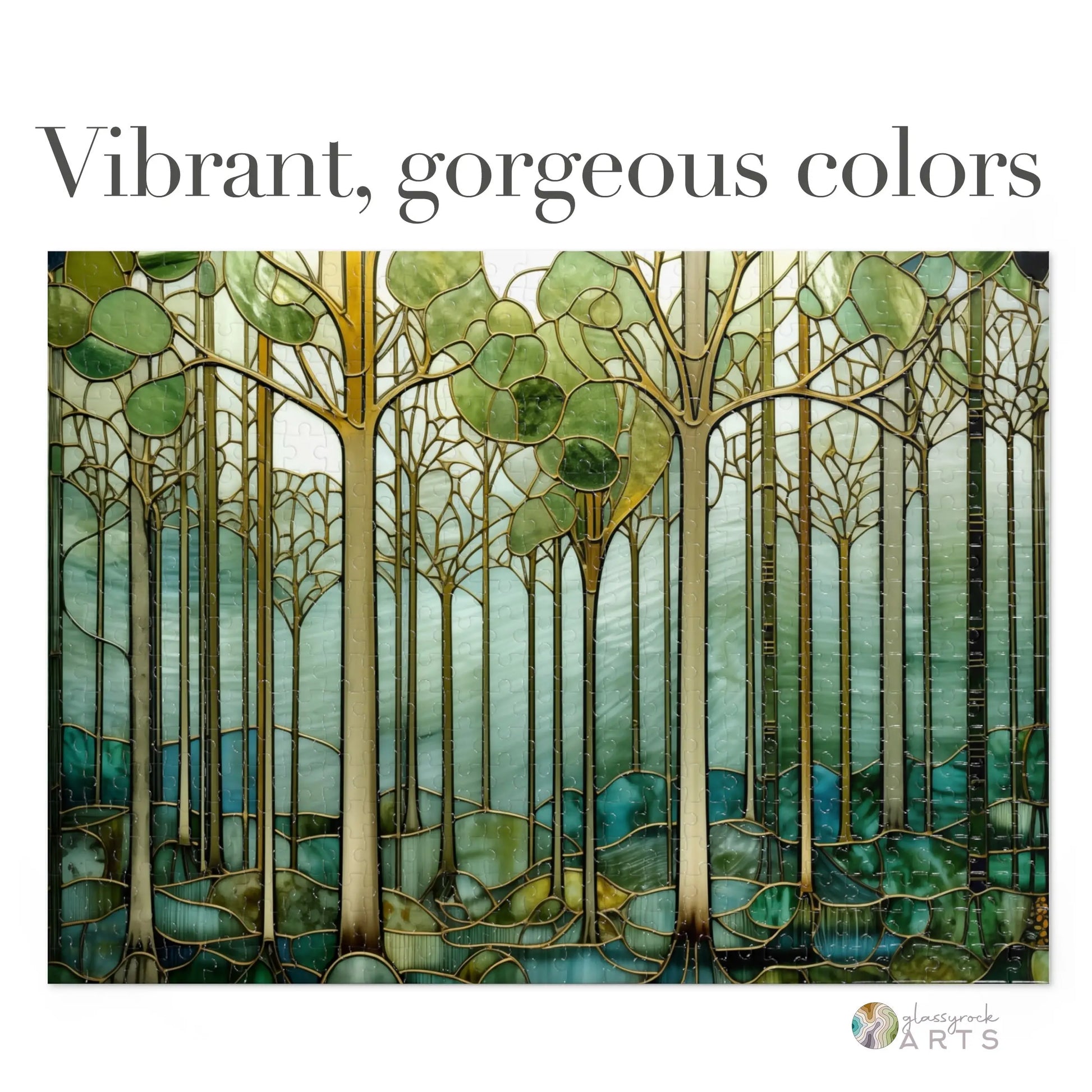 A picture of the Stained Glass Forest Jigsaw Puzzle, Green and Blue from GlassyRock Arts.