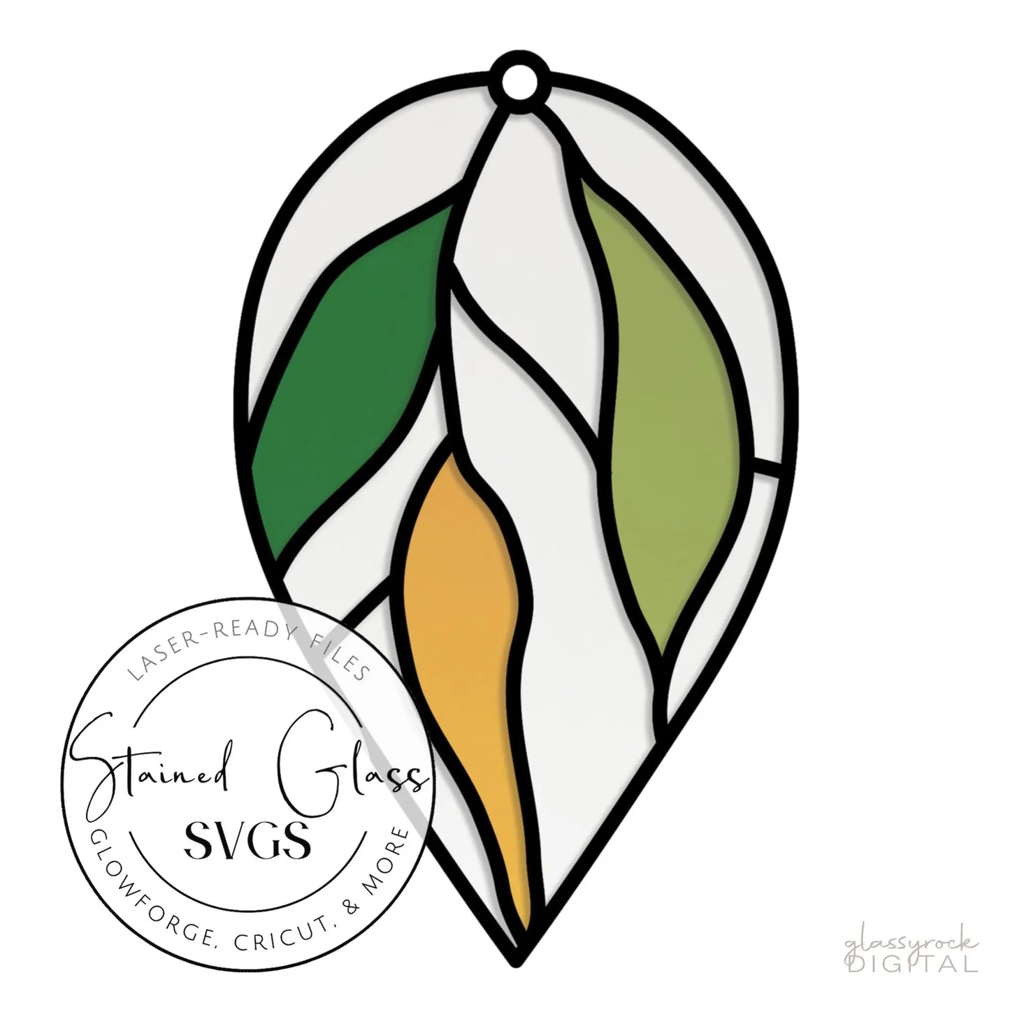 This Glowforge project is an illustration of a stained glass leaf ornament with vibrant sections in green, yellow, and white, featuring a circular label that reads Stained Glass SVGs. It includes laser cut files compatible with Cricut and more. Product: Stained Glass Hanging Leaves Teardrop SVGs.