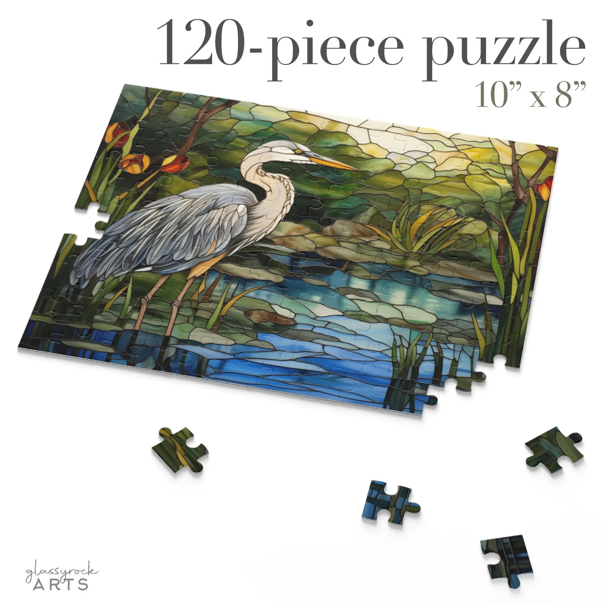 A jigsaw puzzle featuring a colorful blue heron rendered in stained glass. It is a picture of the 120-piece puzzle.