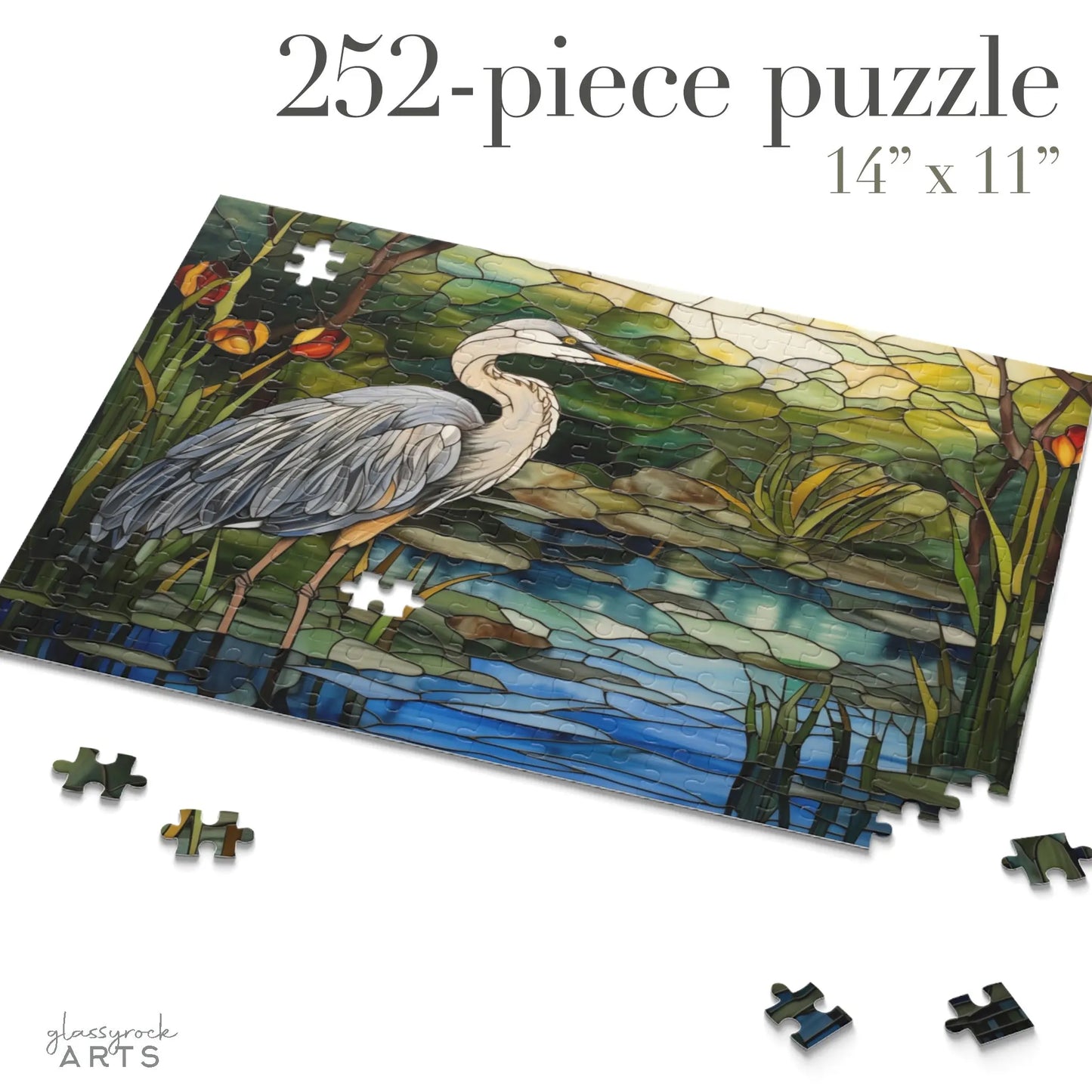 A jigsaw puzzle featuring a colorful blue heron rendered in stained glass. It is a picture of the 252-piece puzzle.