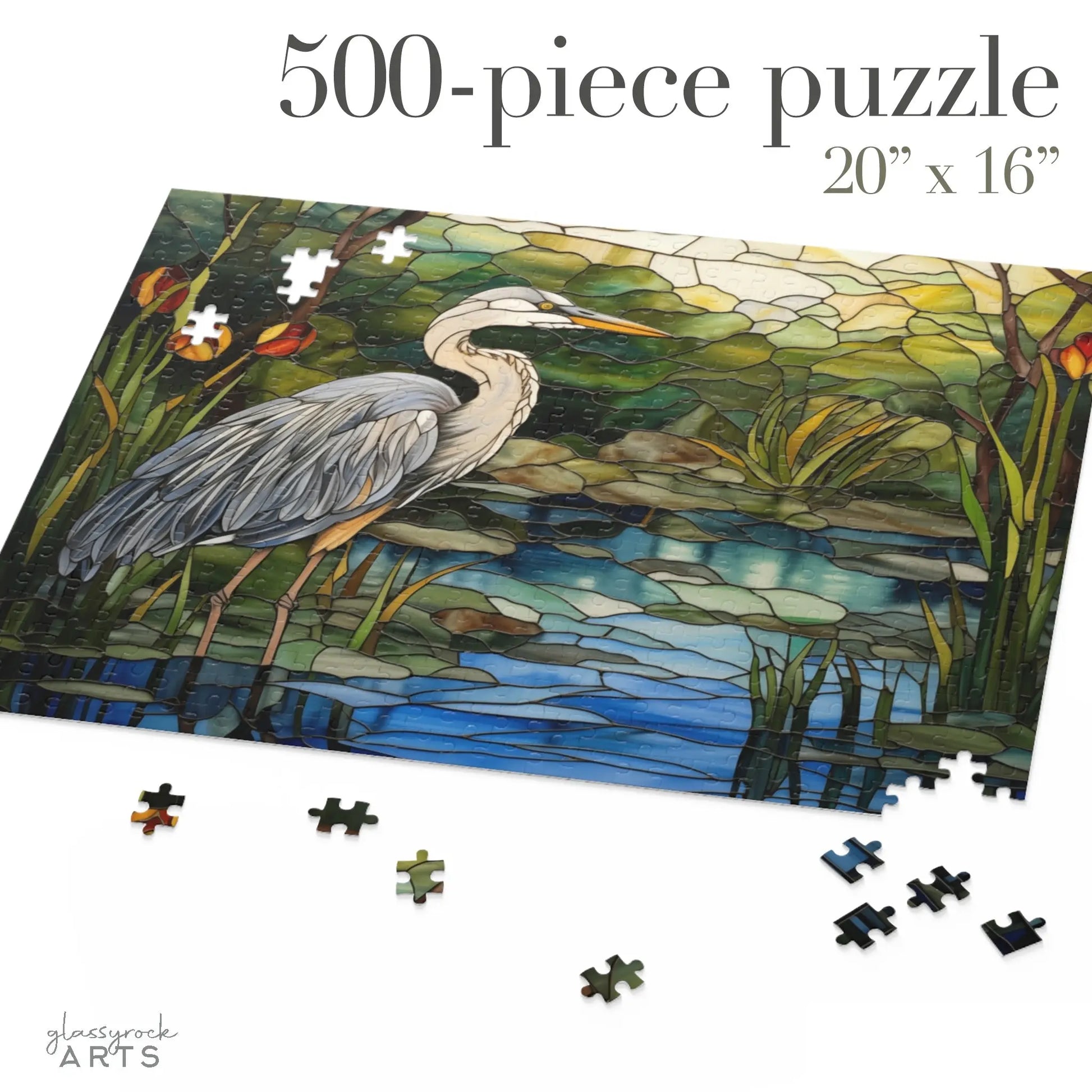 A jigsaw puzzle featuring a colorful blue heron rendered in stained glass. It is a picture of the 500-piece puzzle.