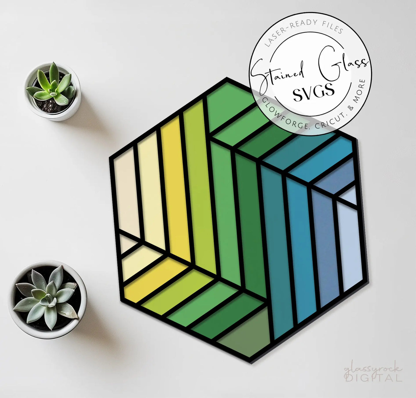 A picture of the Stained Glass Striped Hexagon SVGs from GlassyRock Arts.