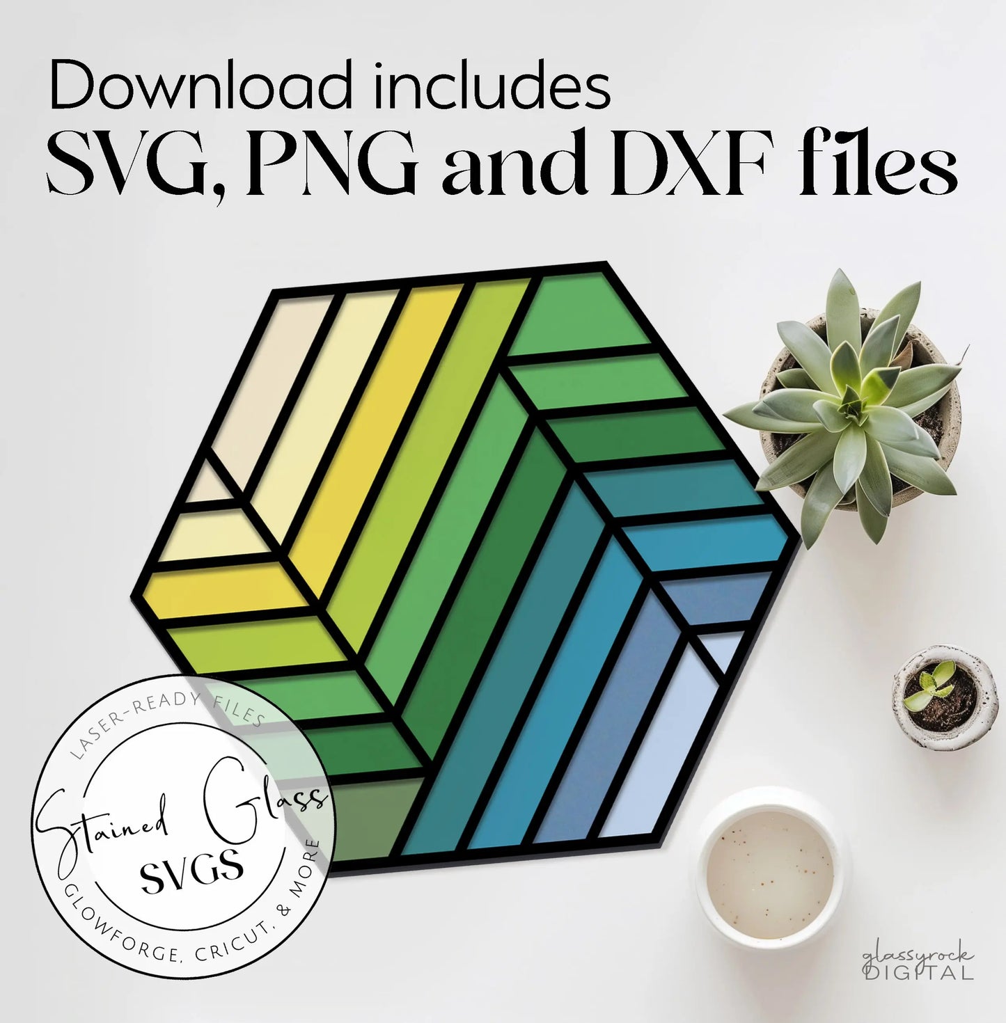 A picture of the Stained Glass Striped Hexagon SVGs from GlassyRock Arts.
