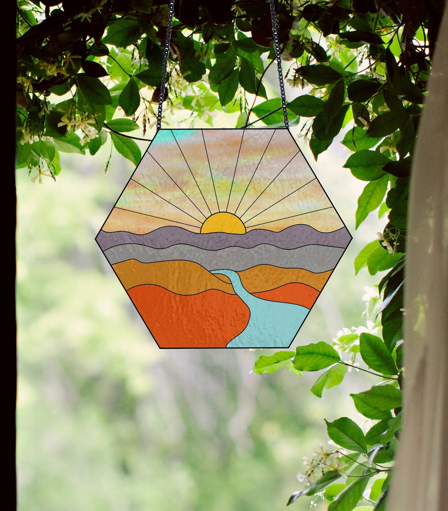 Sunset Landscape Hexagon Stained Glass Pattern - Crafting Patterns & Molds from GlassyRock Arts