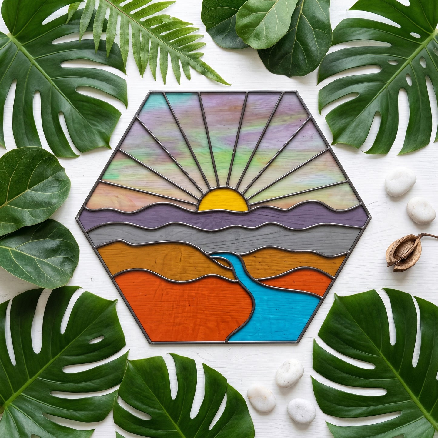 Sunset Landscape Hexagon Stained Glass Pattern