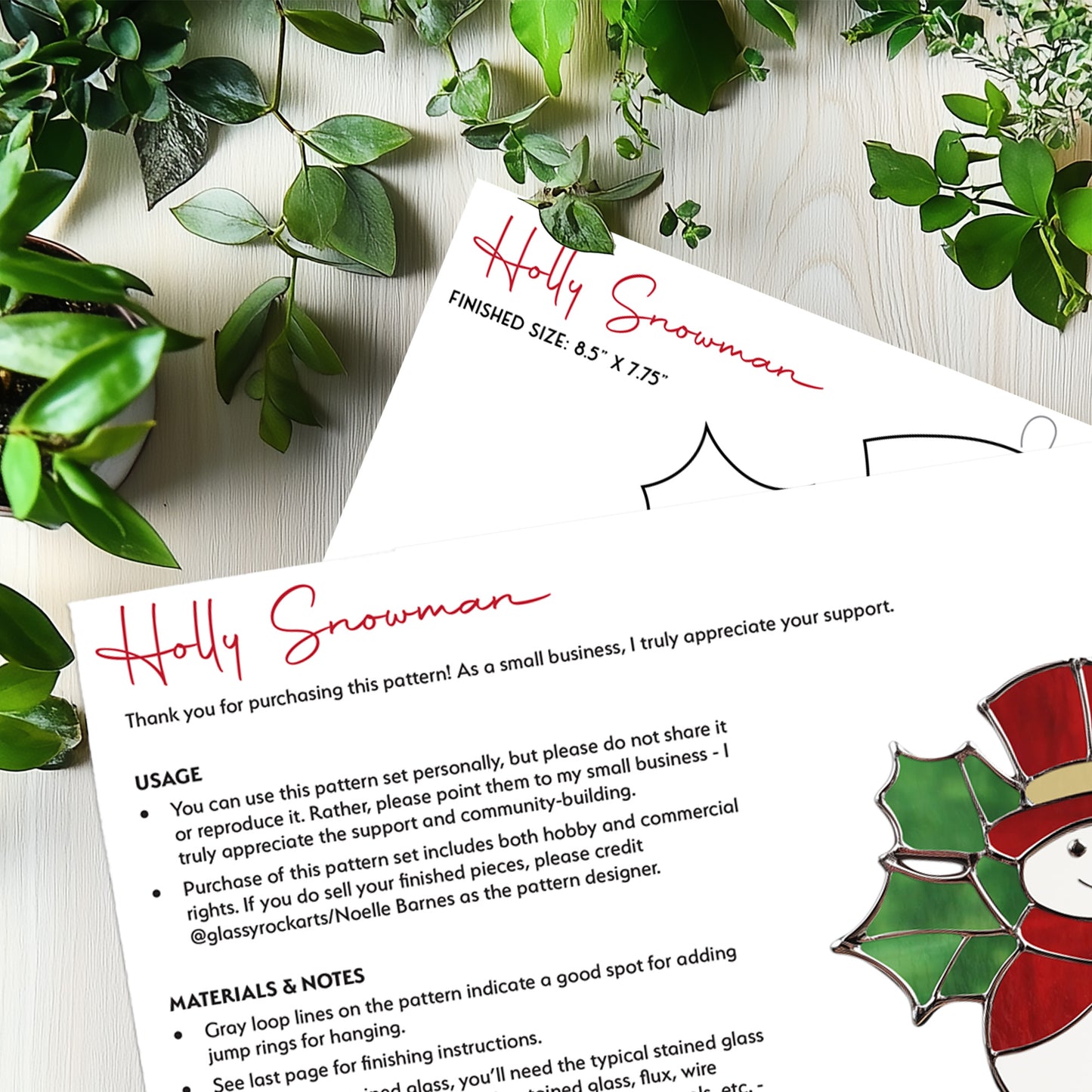 The Holly Snowman Stained Glass Pattern PDF includes usage instructions, materials, and an 8.5 x 7.75 design with leaf illustrations, perfect for Christmas projects.