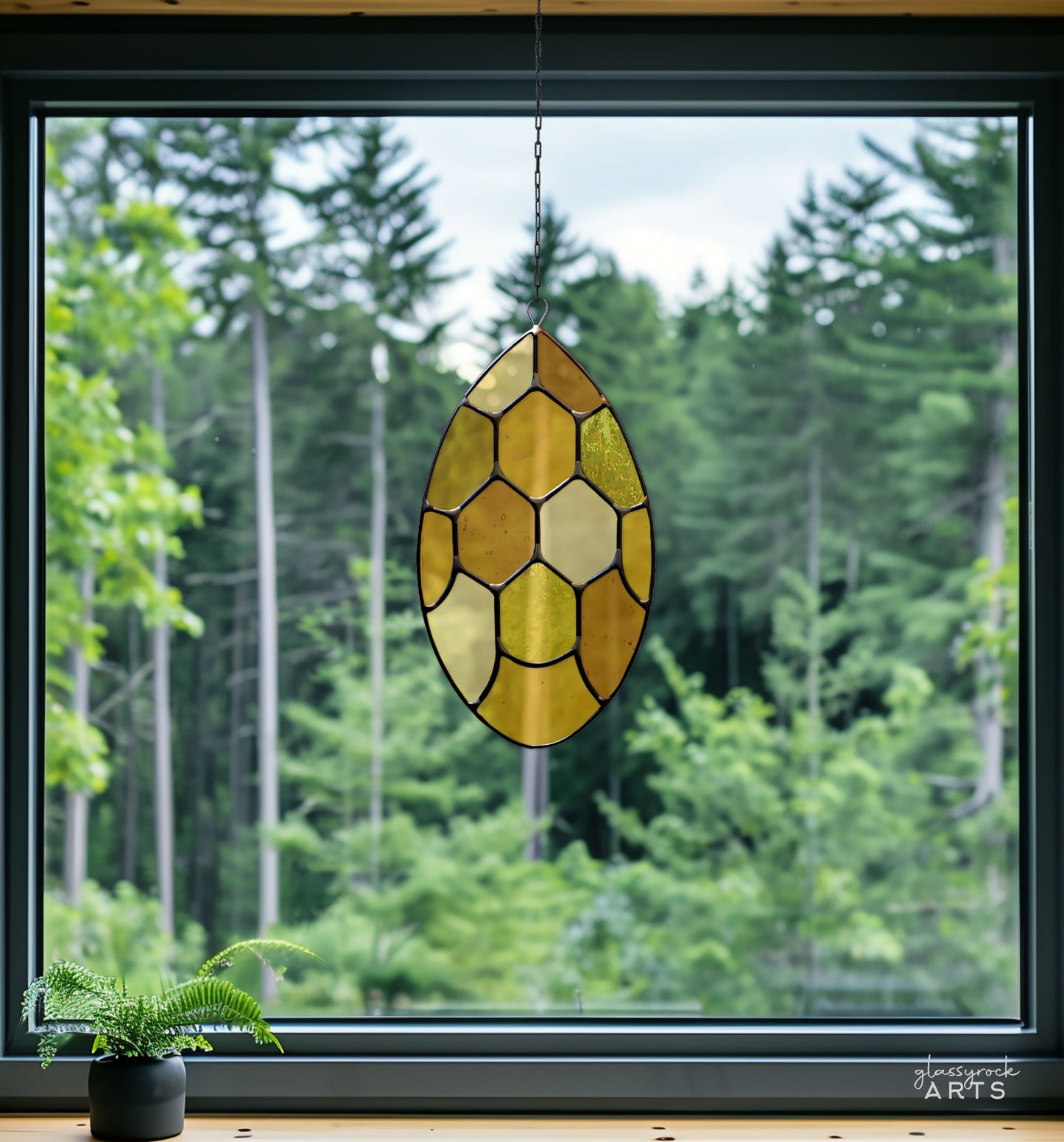 A picture of the Abstract Honeycomb Teardrop Stained Glass Pattern from GlassyRock Arts.
