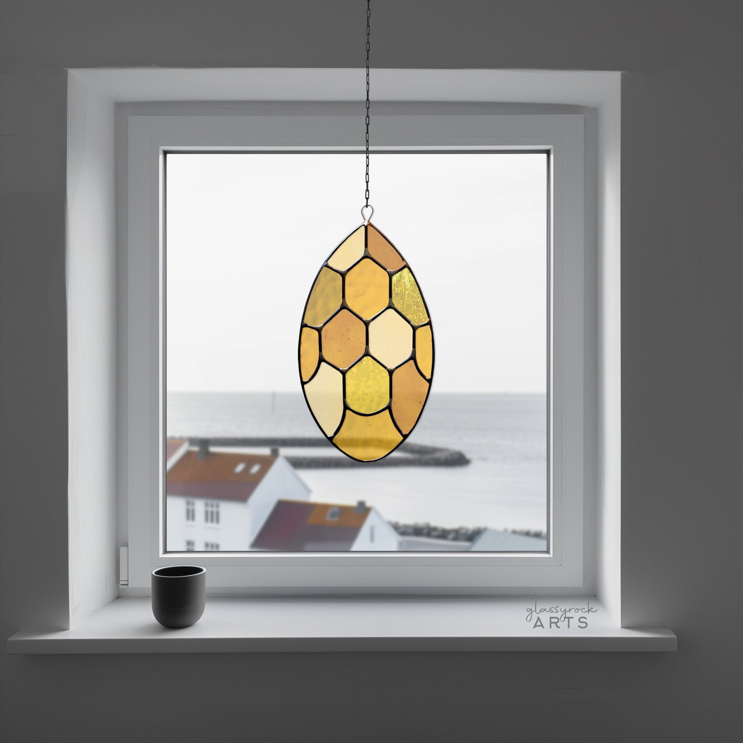 A picture of the Abstract Honeycomb Teardrop Stained Glass Pattern from GlassyRock Arts.