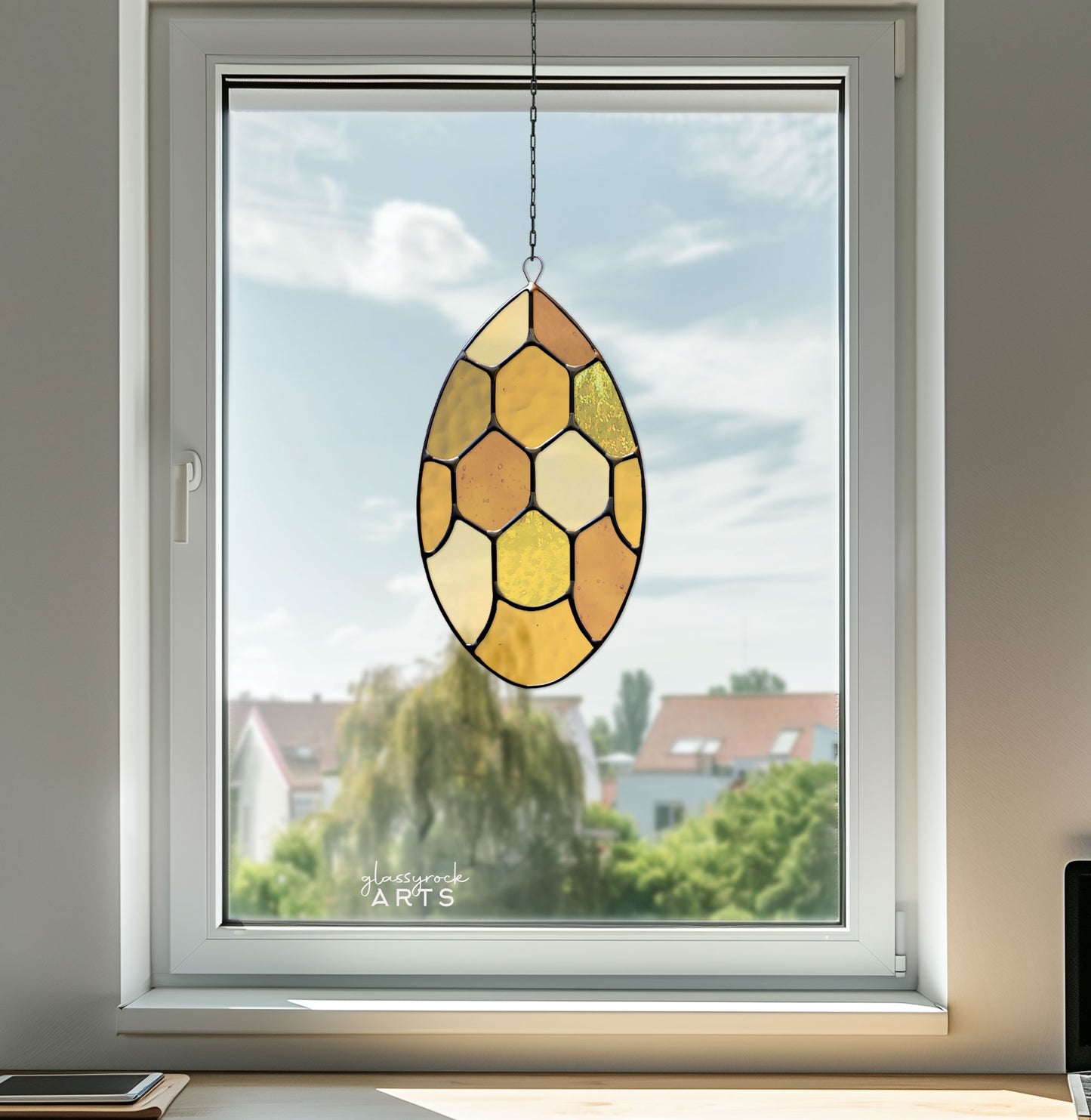 A picture of the Abstract Honeycomb Teardrop Stained Glass Pattern from GlassyRock Arts.