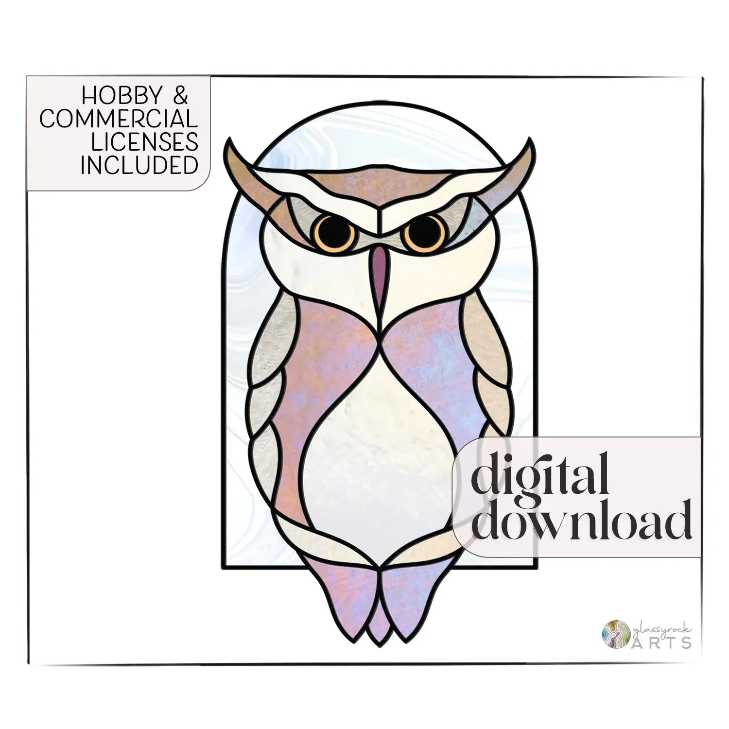 The Horned Owl Stained Glass Arch Pattern showcases a stylized owl in pastel hues, ideal for DIY projects. Includes Hobby & Commercial Licenses and digital download. Logo: glasscanyon ARTs.