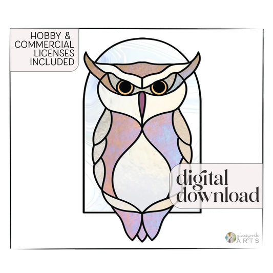 The Horned Owl Stained Glass Arch Pattern showcases a stylized owl in pastel hues, ideal for DIY projects. Includes Hobby & Commercial Licenses and digital download. Logo: glasscanyon ARTs.