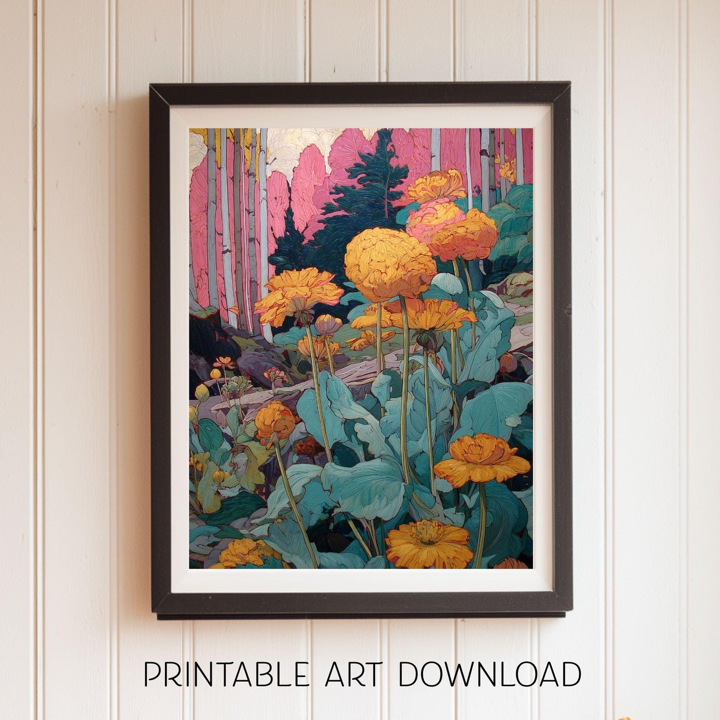 Mountain Flowers Painting, Instant Download Art with Multiple Ratios, Floral Wall Art Decor to Print and Frame