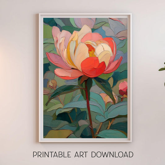 Vivid Peony Flower Painting: Printable Floral Wall Art (Digital Download)