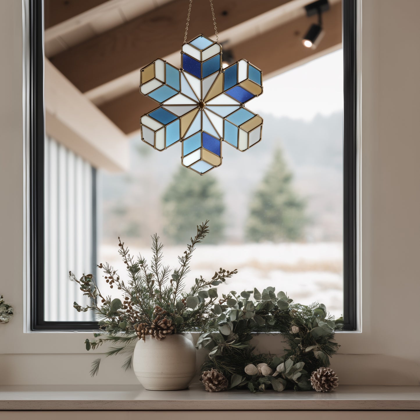 Geometric Snowflake Stained Glass Pattern and PNG