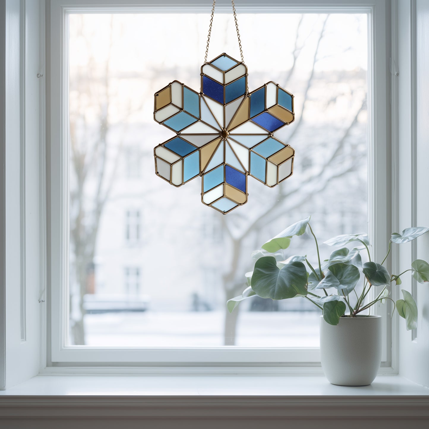 Geometric Snowflake Stained Glass Pattern and PNG