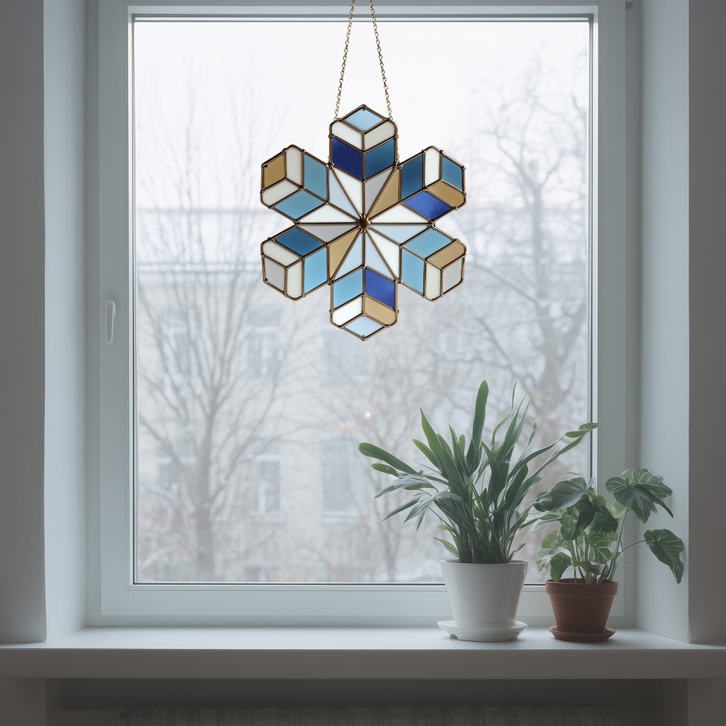 Geometric Snowflake Stained Glass Pattern and PNG