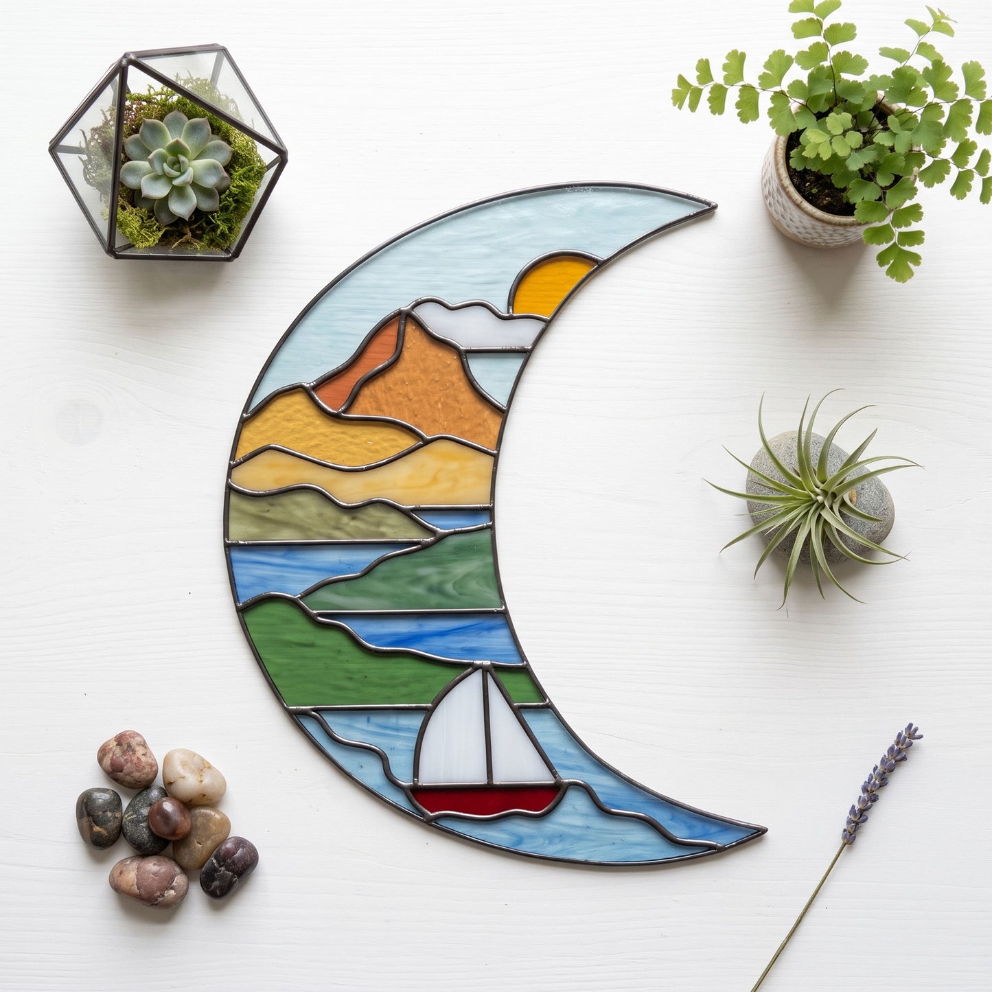 Crescent Moon Seascape Stained Glass Pattern