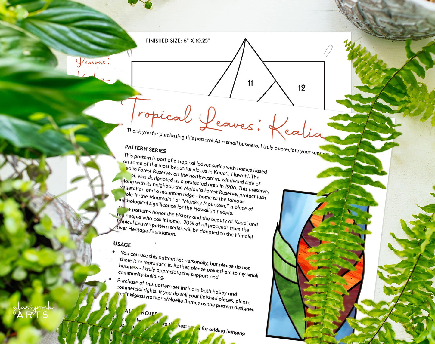 Tropical Stained Glass Plant Pattern - Kealia - PDF & PNG - Crafting Patterns & Molds from GlassyRock Arts