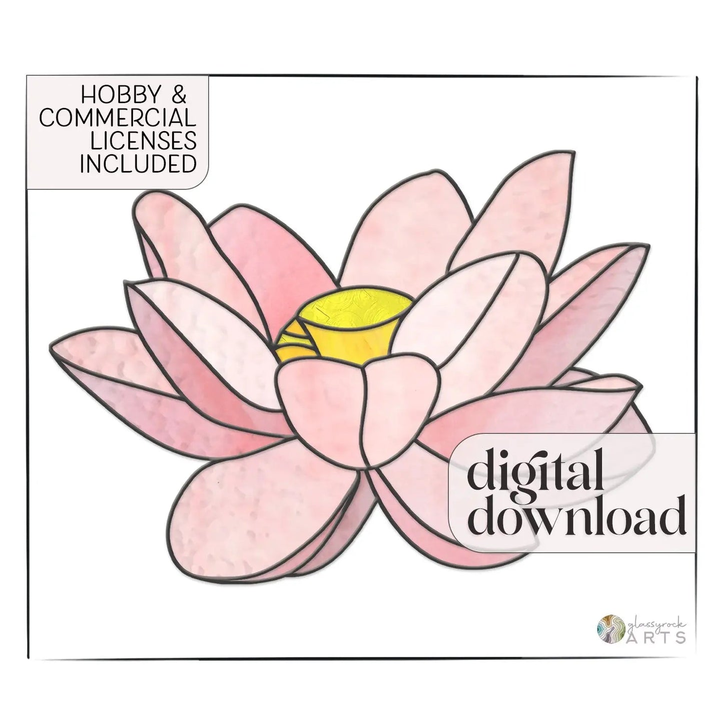 The Big Flora Stained Glass Lotus Pattern features a pink lotus illustration in stained glass style on a white background. Text states Hobby & Commercial Licenses Included and digital download, with a corner logo.