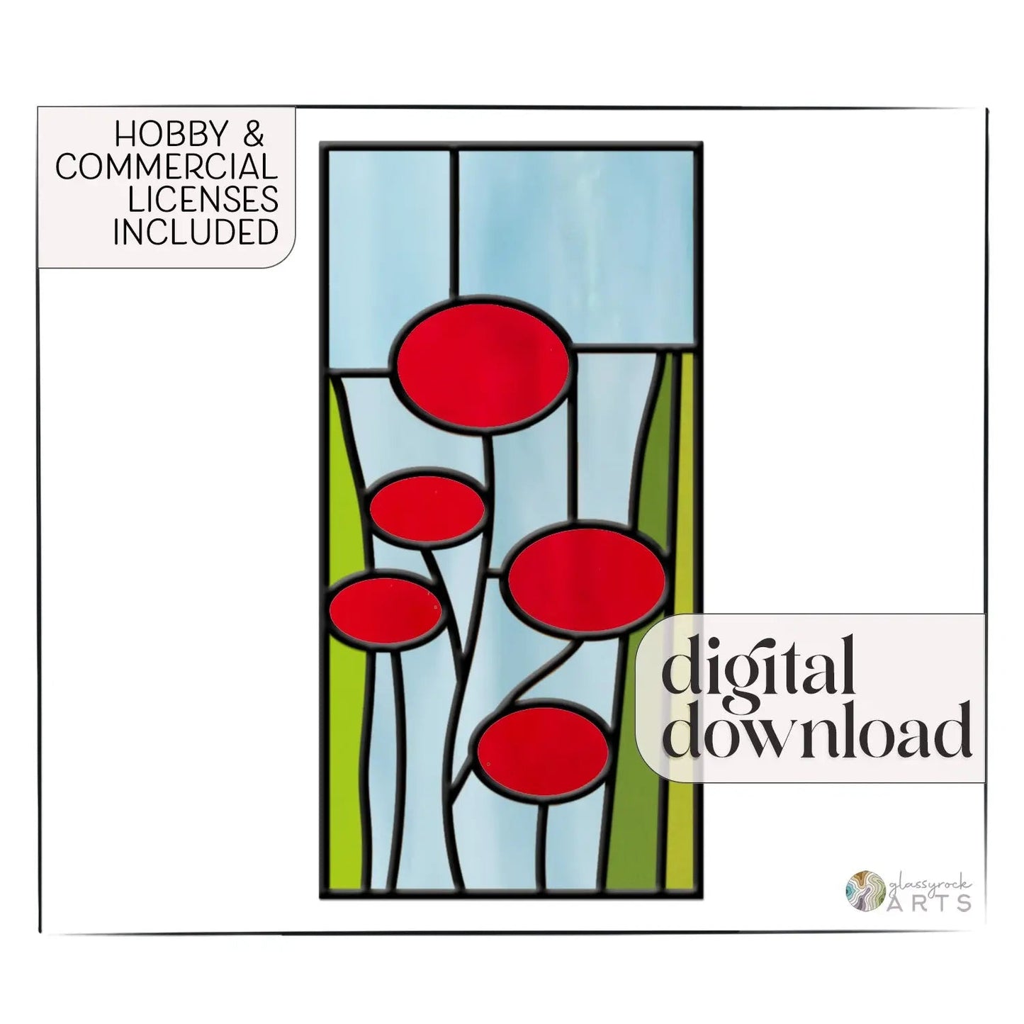 The Mid-Century Modern Stained Glass Flowers Pattern showcases red flowers on green stems against a pale blue backdrop. It includes Hobby & Commercial Licenses, digital download text, and a subtle logo, perfect for modern suncatcher projects.