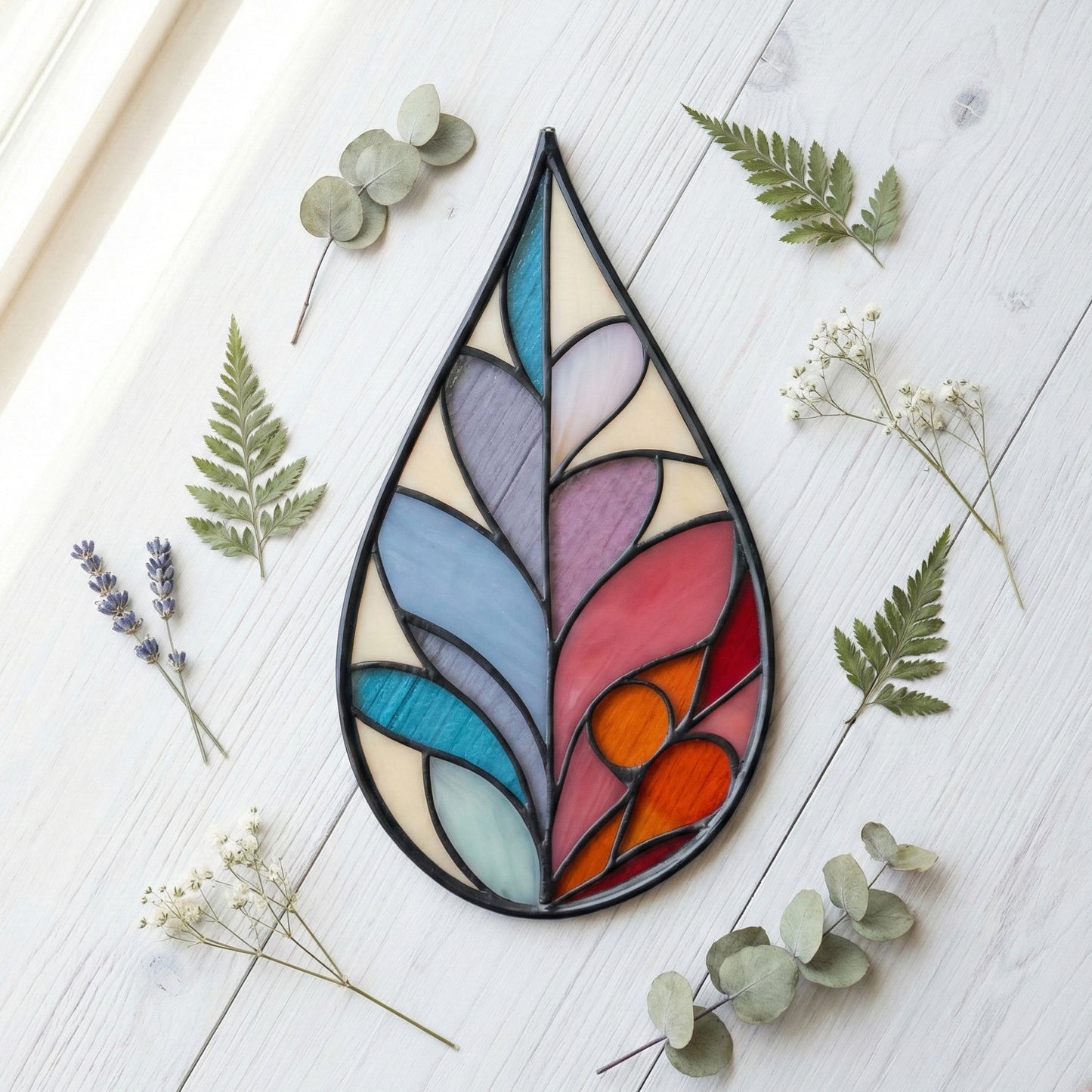 Modern Raindrop Plant Stained Glass Leaves Pattern