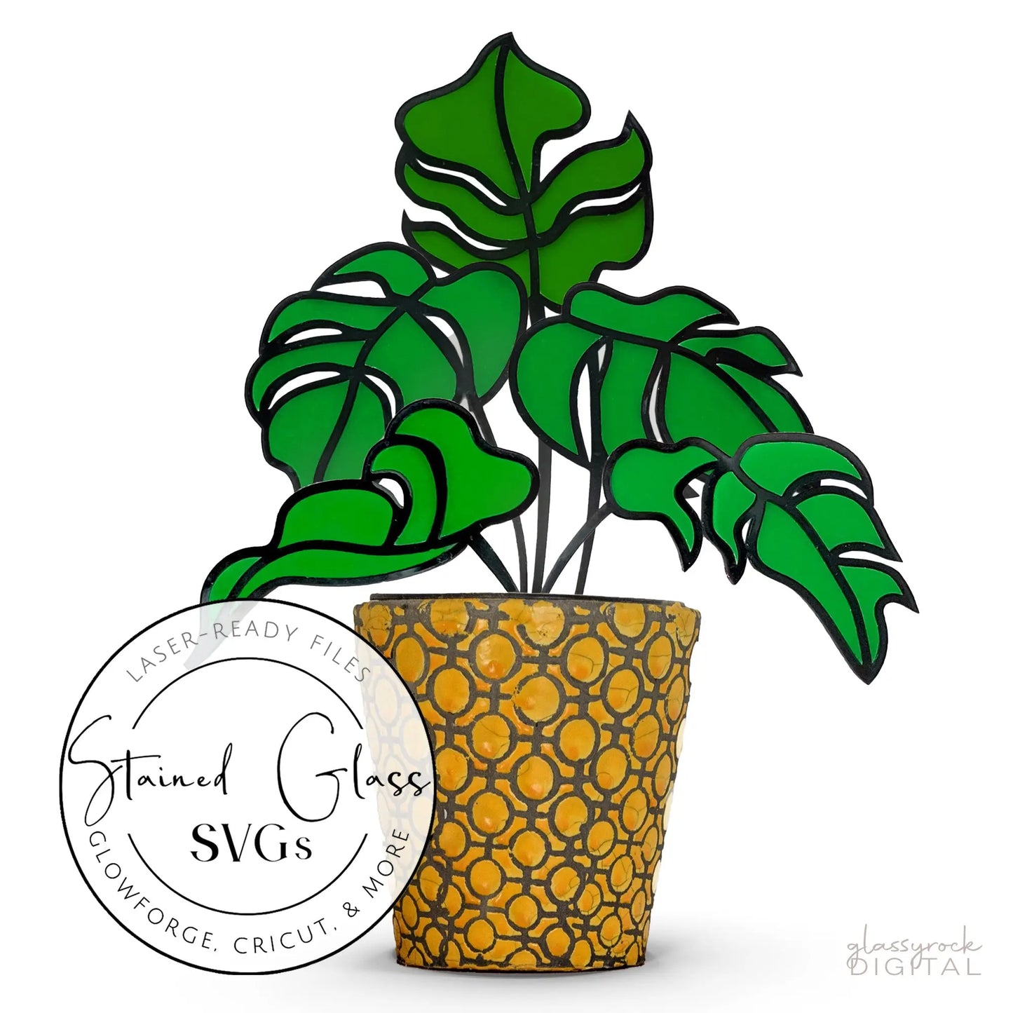 Illustration of a potted plant with wide, green monstera leaves in a stained glass design and a geometric pot. The text Five Stained Glass Monstera Leaf Stem SVGs - Laser-Ready Files for Glowforge, Cricut, & More overlays the image.