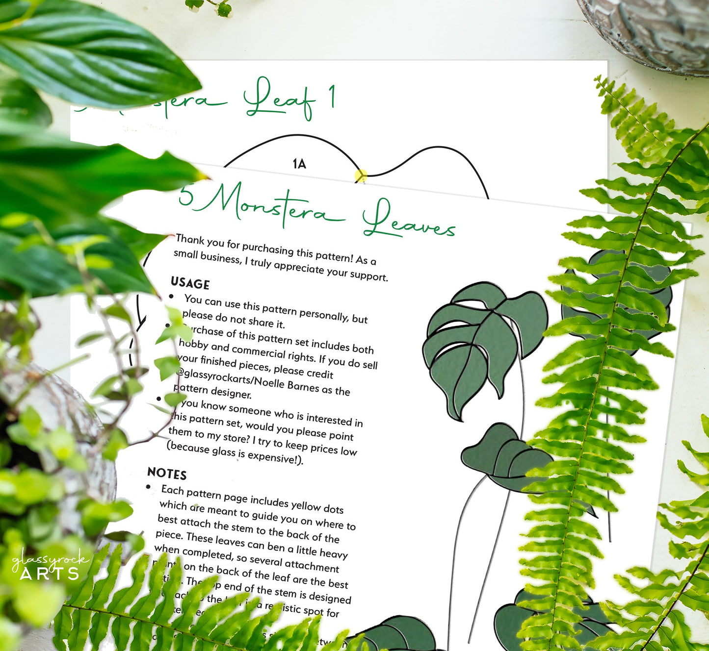 Monstera Leaves on Stems Stained Glass Patterns