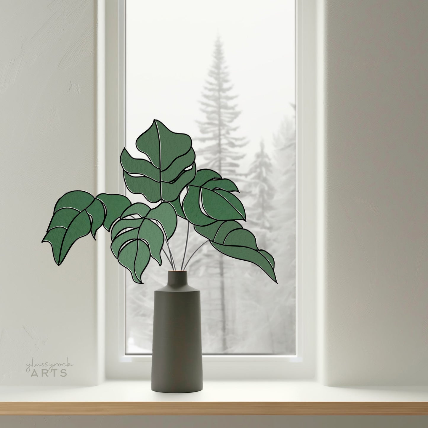 Monstera Leaves on Stems Stained Glass Patterns