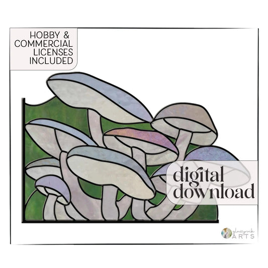 The Mushroom Corner Stained Glass Pattern features stylized, colorful mushrooms with a vivid stained glass effect. It includes Hobby & Commercial Licenses and is available as a digital download, ideal for DIY enthusiasts looking to elevate their creative projects.