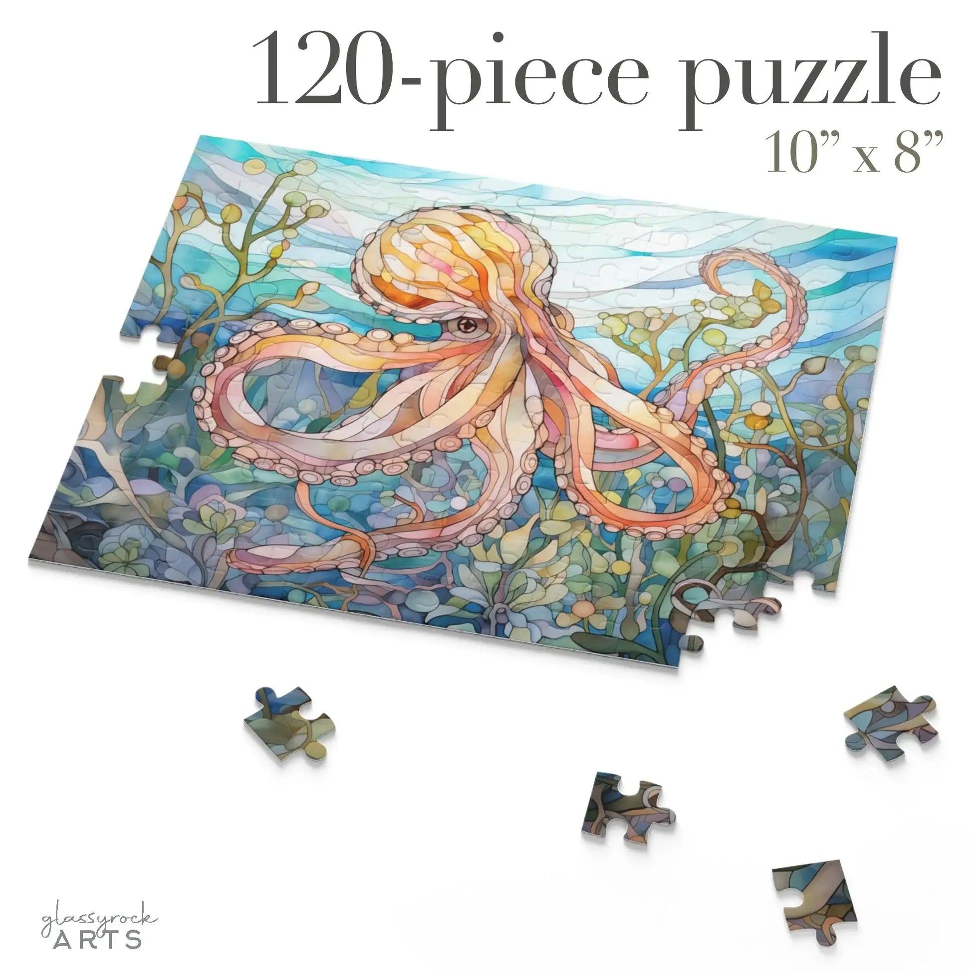 Image of the Stained Glass Octopus Jigsaw Puzzle, 120 pieces, showcasing a vibrant underwater scene in blue and green. Partially assembled with scattered pieces. Text reads: 120-piece puzzle, 10” x 8”. Ideal gift for ocean art enthusiasts!.