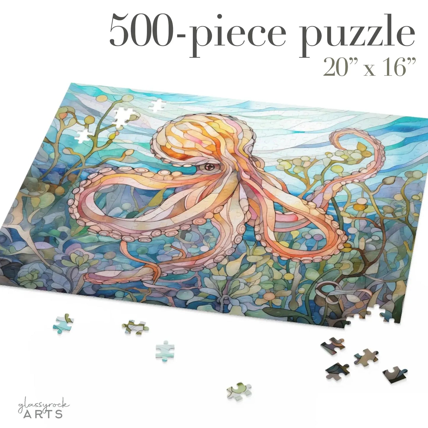 The Stained Glass Octopus Jigsaw Puzzle features a 500-piece illustrated design of an octopus with seaweed and ocean waters, measuring 20 x 16. Its the perfect ocean art gift with glassrock ARTS printed in the corner.